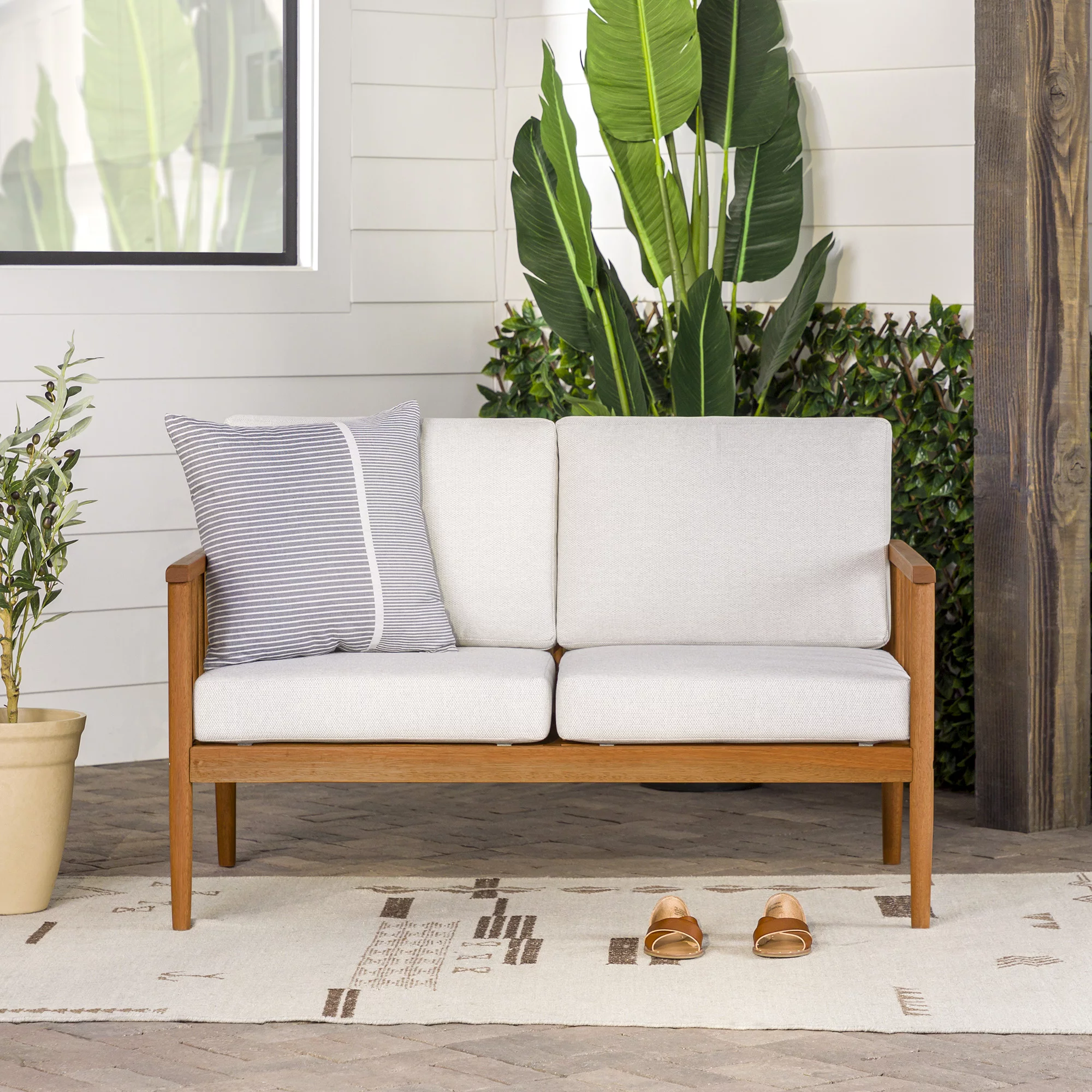 Walker Edison Modern Solid Eucalyptus Wood Slatted Outdoor Loveseat, Brown