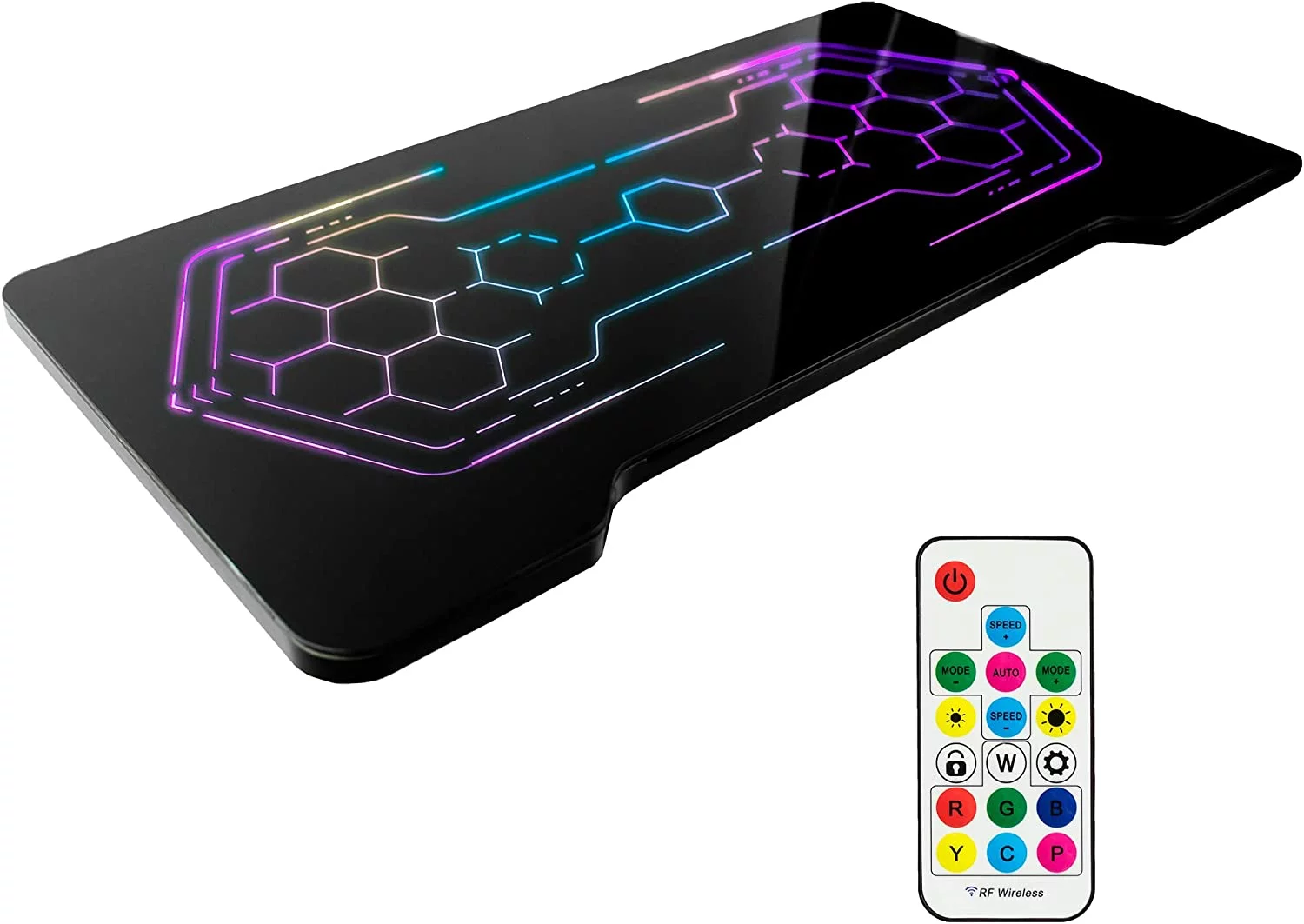 CGFHYP Universal 48 x 24 inch Solid One-Piece Tempered Glass Gaming Desktop with Breathing RGB Geo-Honeycomb LED Lights for Sit Stand Height Adjustable Desks  Gamer Workstation  Black  DE