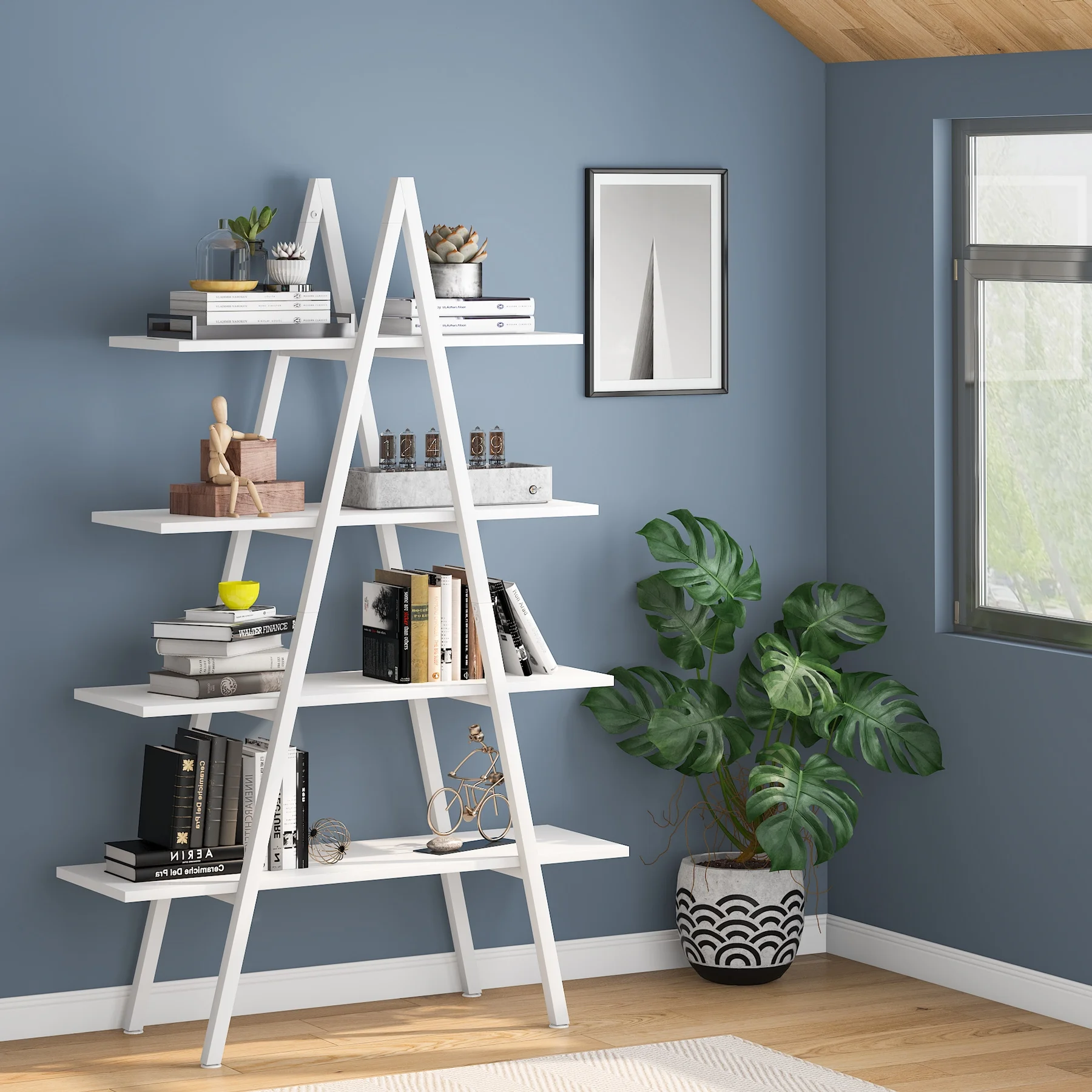 Tribesigns 4-Tier Bookshelf A-Shaped Bookcase 4 Shelves Industrial Ladder Shelf Open Display Shelves Book Storage