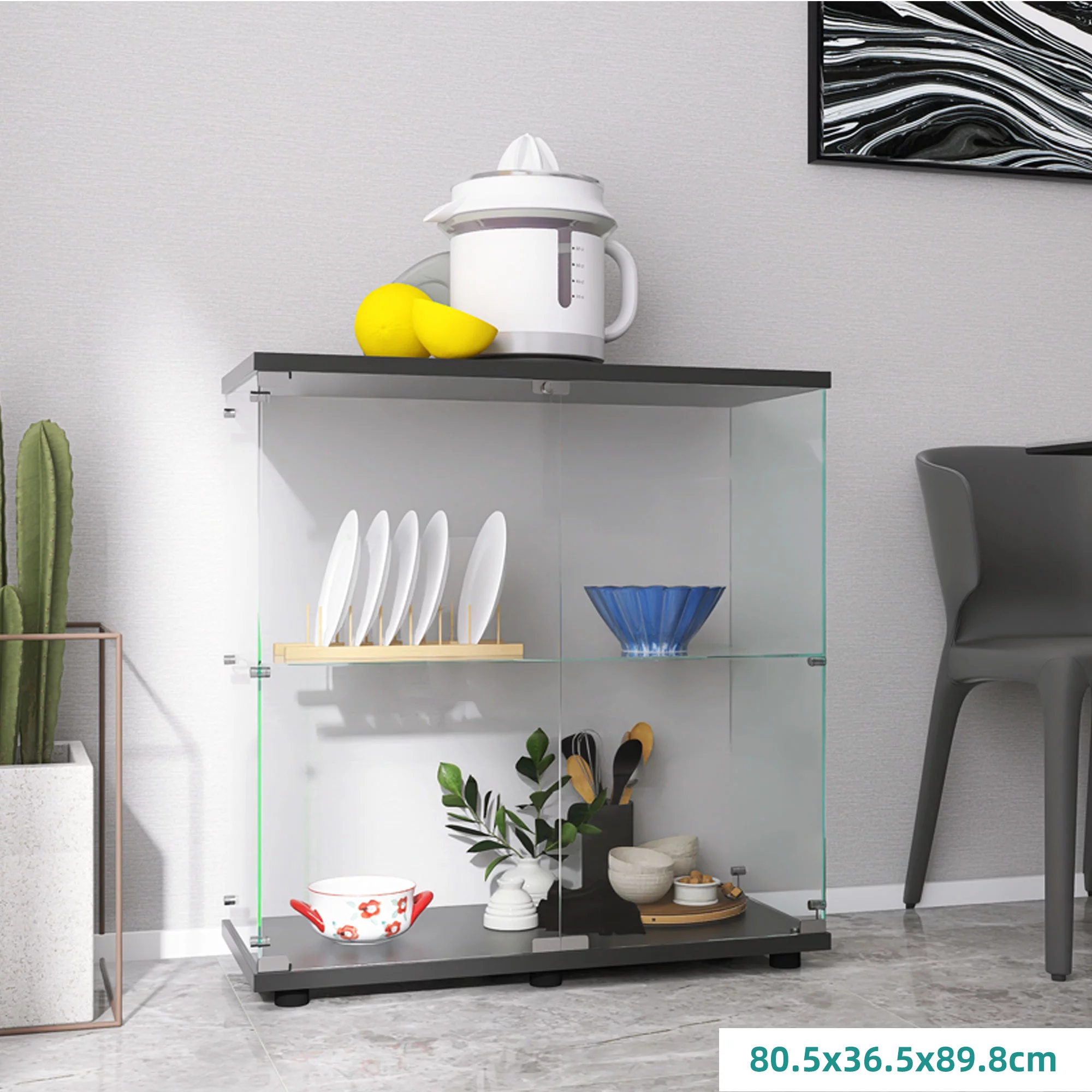 Two-door Glass Display Cabinet 2 Shelves with Door, Floor Standing Curio Bookshelf for Living Room Bedroom Office, 35.35” x 31.69”x 14.37”, Black