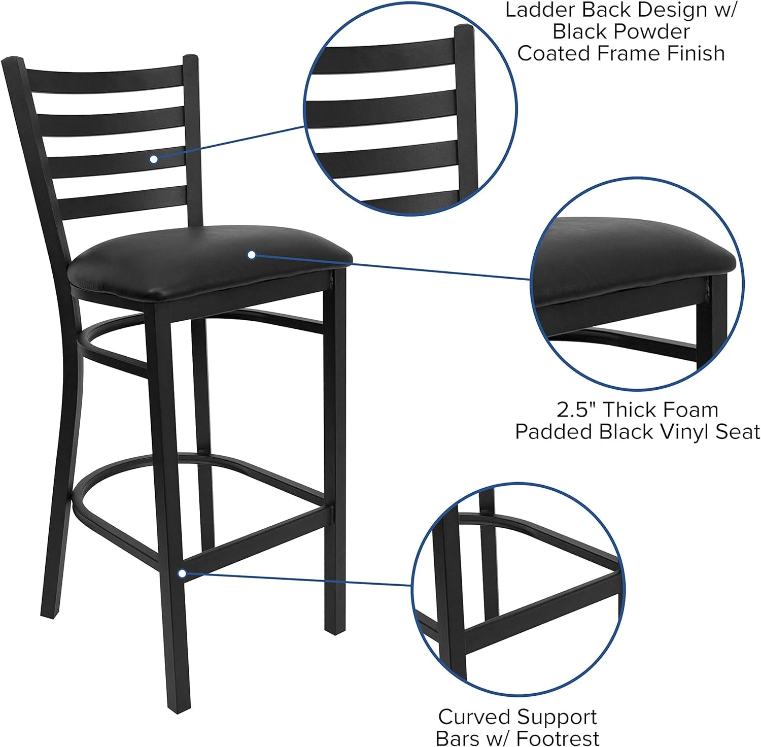 Black Ladder Back Metal Restaurant Barstool - Black Vinyl Seat