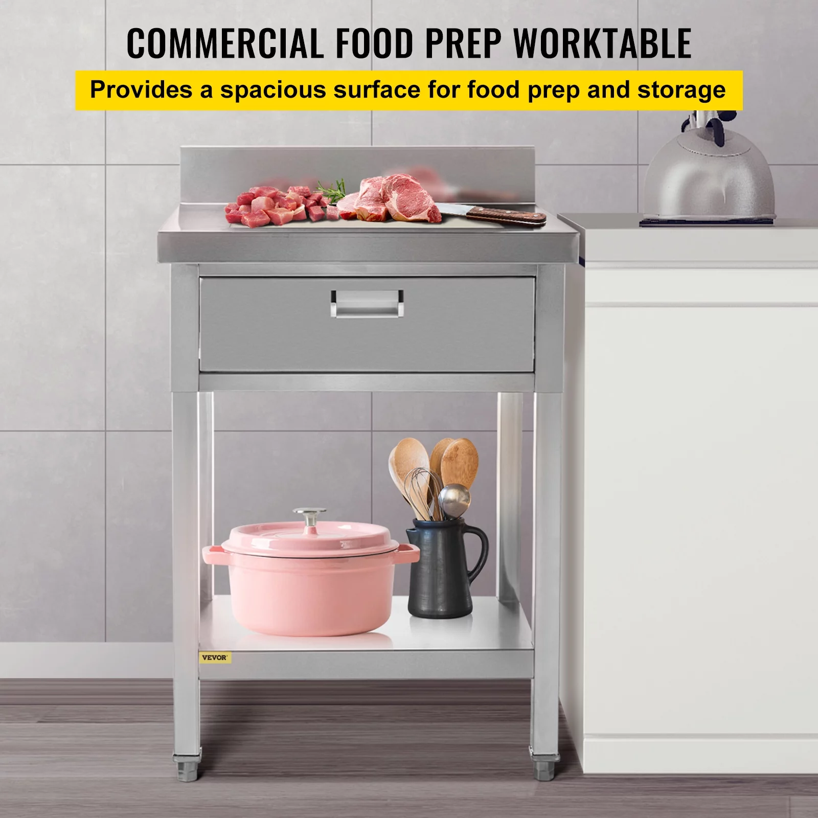 VEVOR Commercial Food Prep Work Table 24 x 24 Inches Stainless-Steel Table with Drawer Kitchen Utility Table with Undershelf and Backsplash Kitchen Island 660 Lbs Load Capacity for Restaurant, Home and Hotel
