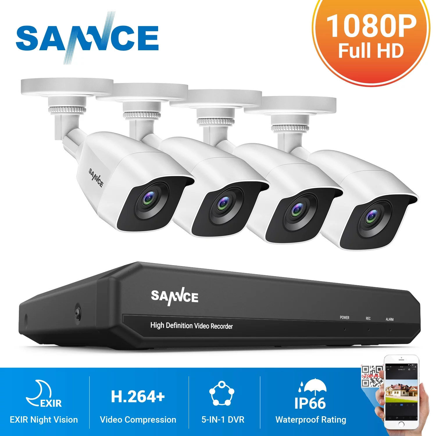 SANNCE 8 Channel 1080p 5-in-1 Security Camera System with 4pcs Wired Surveillance Cameras with 100 ft Night Vision，NO Hard Drive