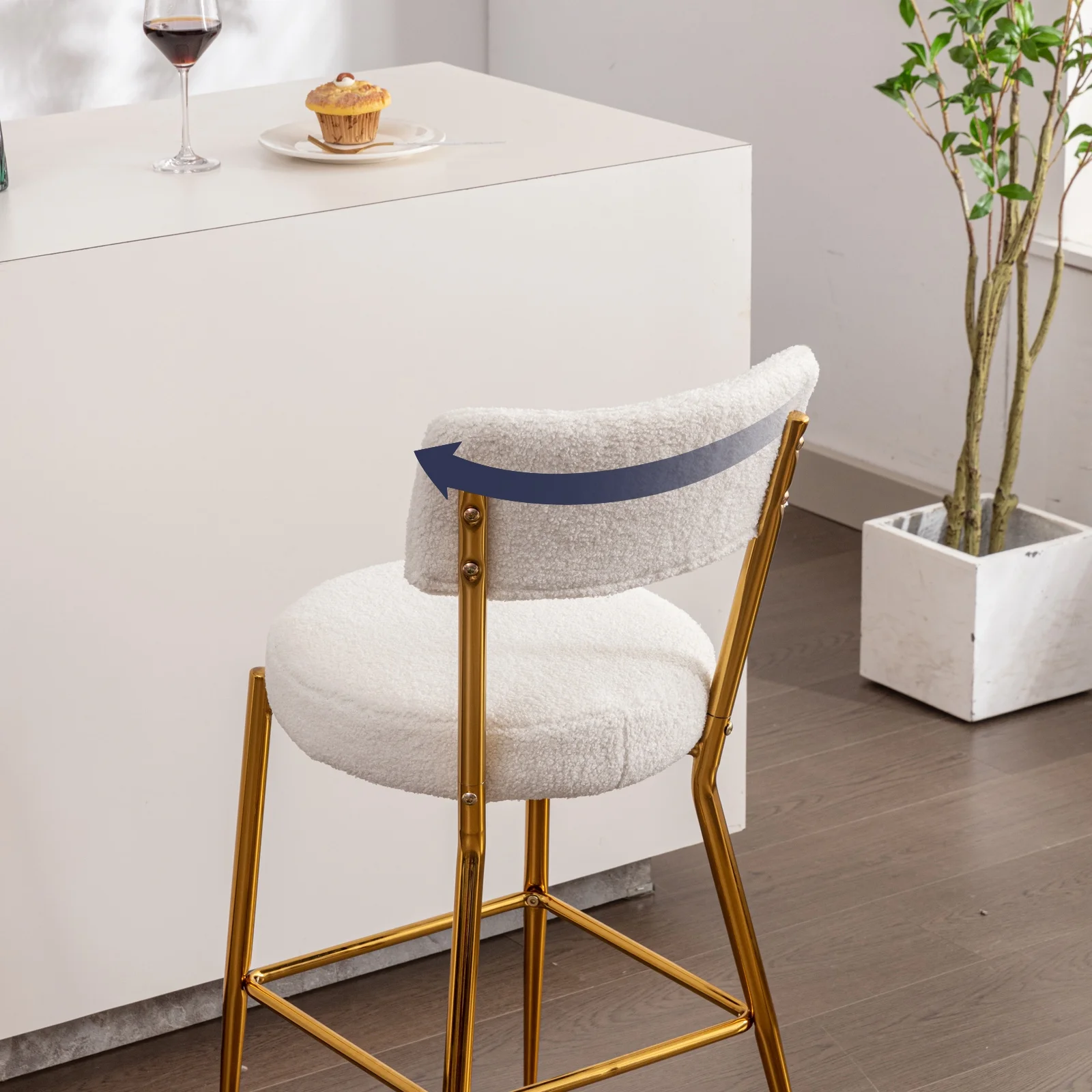 ZAFLY 24”Counter Height Bar Stools, Teddy Fleece Velvet Dinning Chair with Metal Legs for Kitchen Island - White, Set of 2