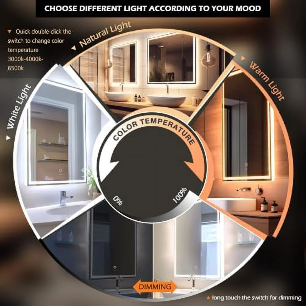 GVJMTKP 28 x 36 Inch LED Bathroom Vanity Mirror  Anti-Fog Dimmable Lights  Easy to Install  Horizontal/Vertical Wall Mounted  Mirror with Smart Touch Button