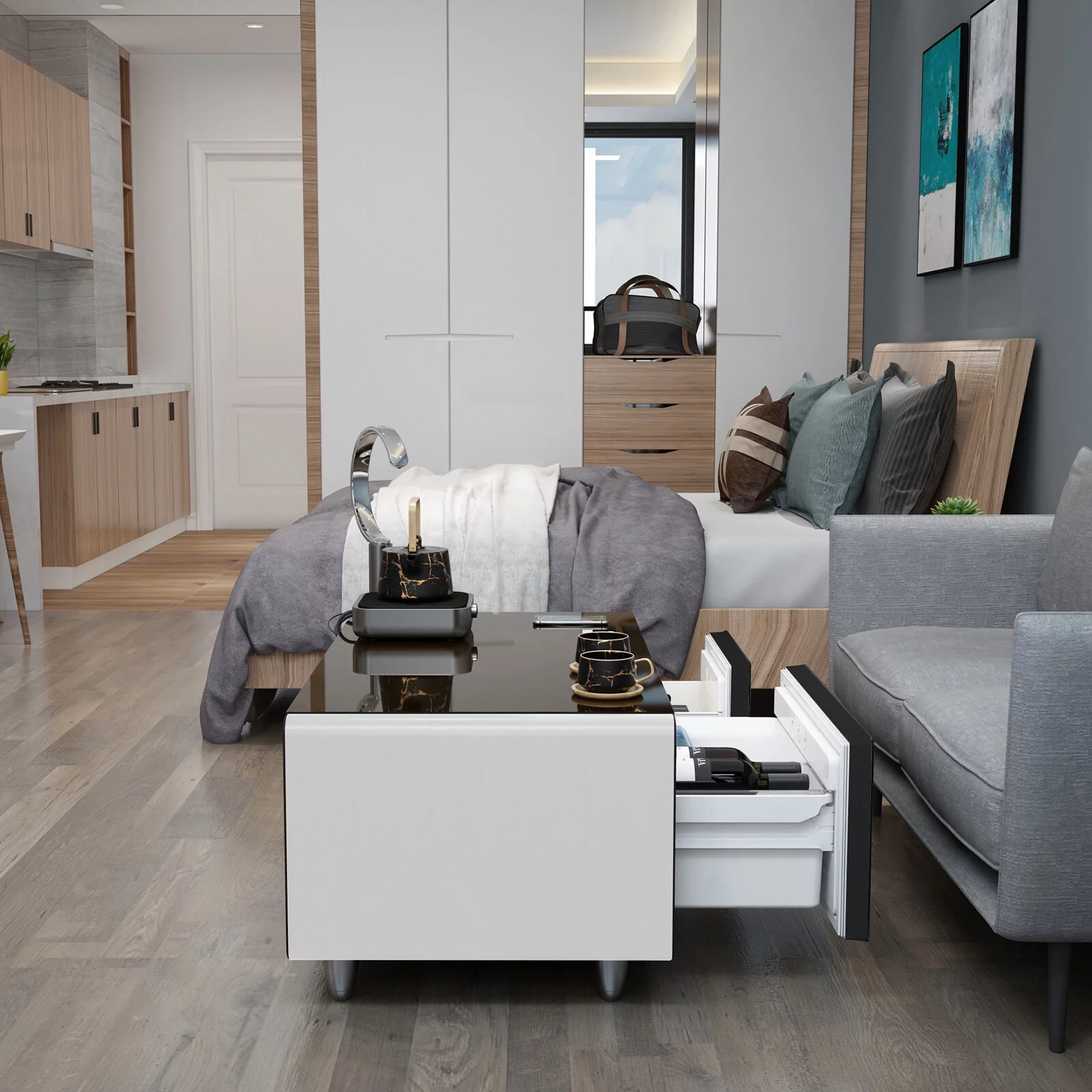 KALEFU Modern Smart Mini Multifunction Coffee Table with Built in Fridge,Outlet Protection,Wireless Charging Module,Mechanical Temperature Control,Power Socket,Usb Interface and Power Interface