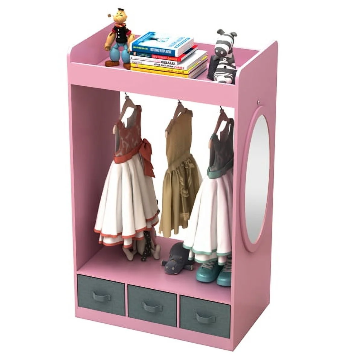 SYTHERS Kids Dress up Storage with Storage Drawer, Open Hanging Armoire Closet, Kids Armoire for Bedroom, Pink