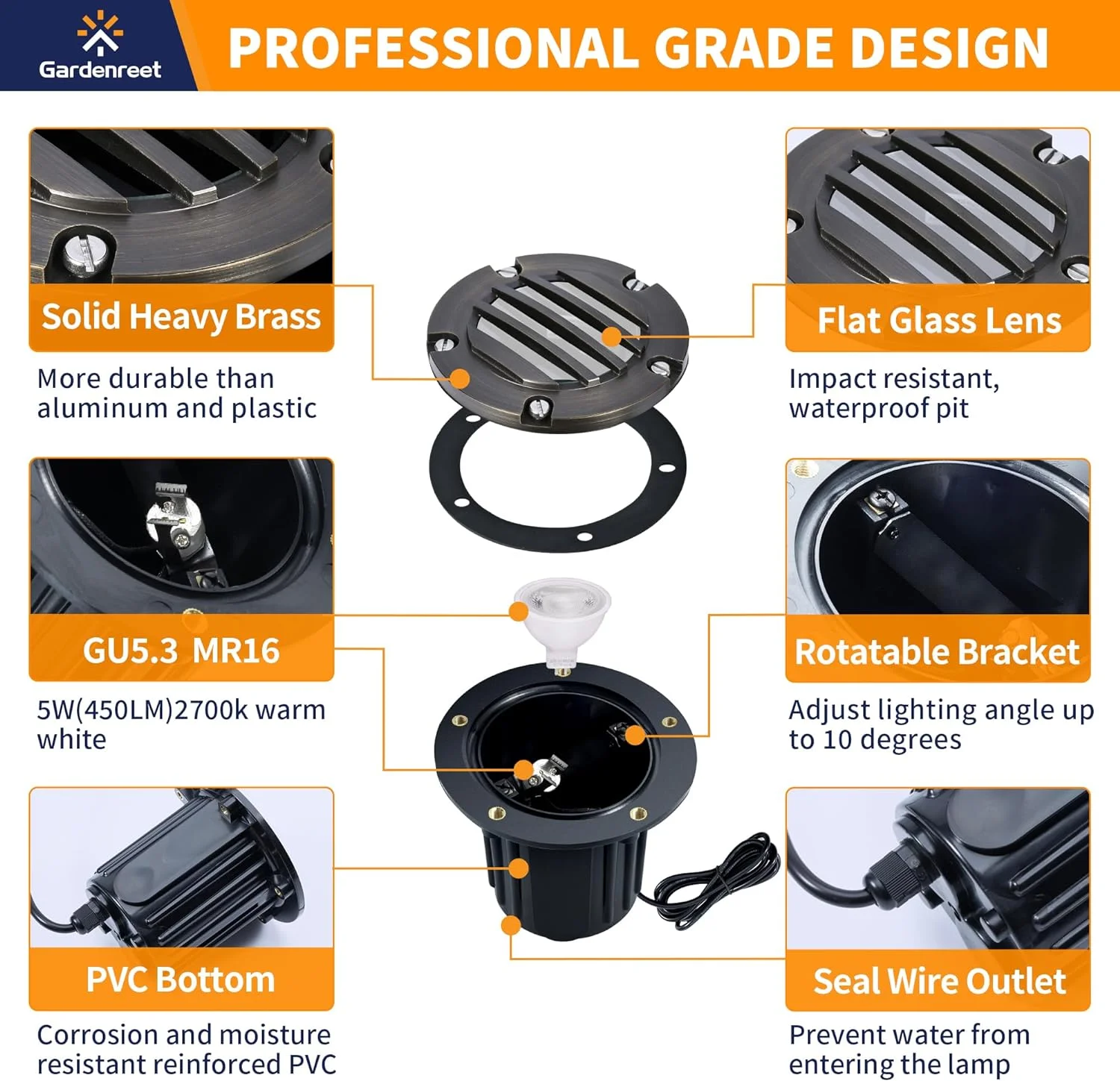 In Ground Well Lights Brass, Low Voltage Landscape Lights Outdoor, LED 12V Waterproof Driveway Lights, Wired Grated Top Bronze for Path Tree Patio with 5W 450LM 2700K MR16 Bulb 4 Pack