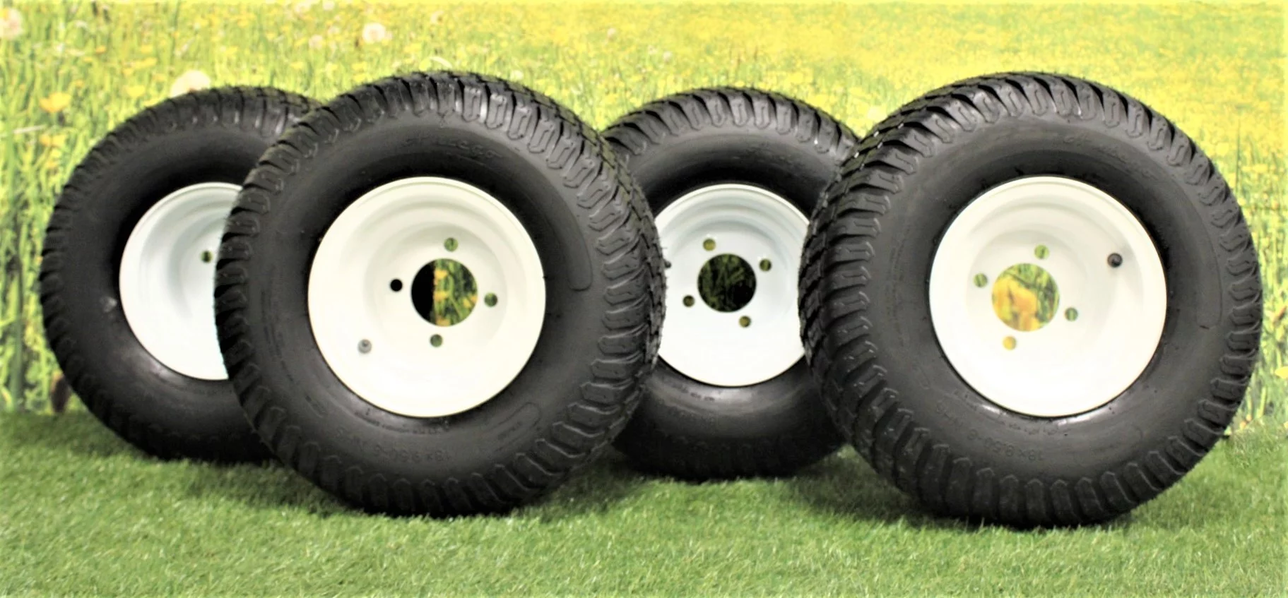 Antego Tire and Wheel (Set of 4) White Steel Wheels with 18x9.50-8 4 Ply Turf Tires for Golf Cart and Lawn and Garden Equipment