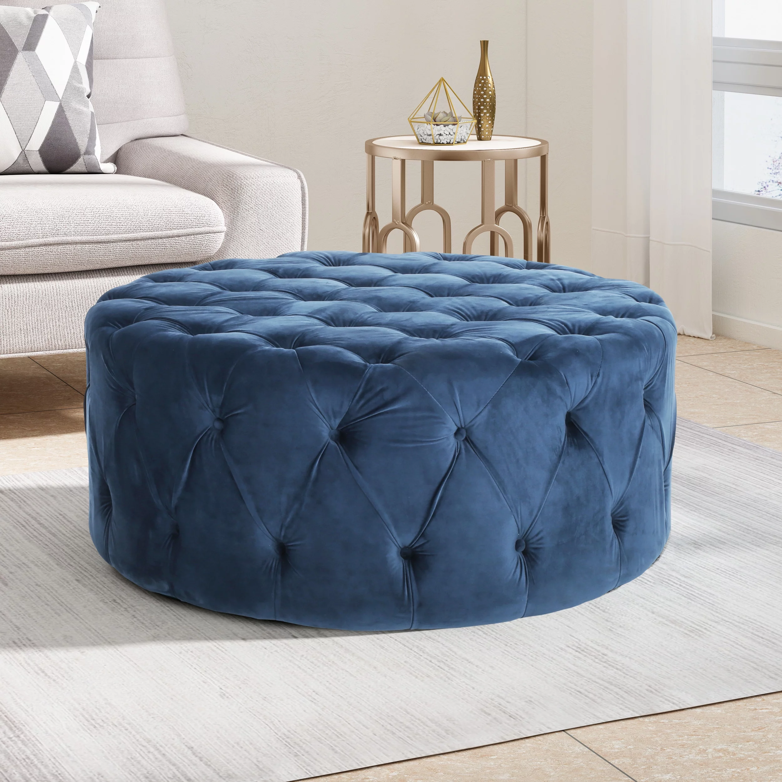Kaung Modern Glam Round Tufted Velvet Ottoman, Blue
