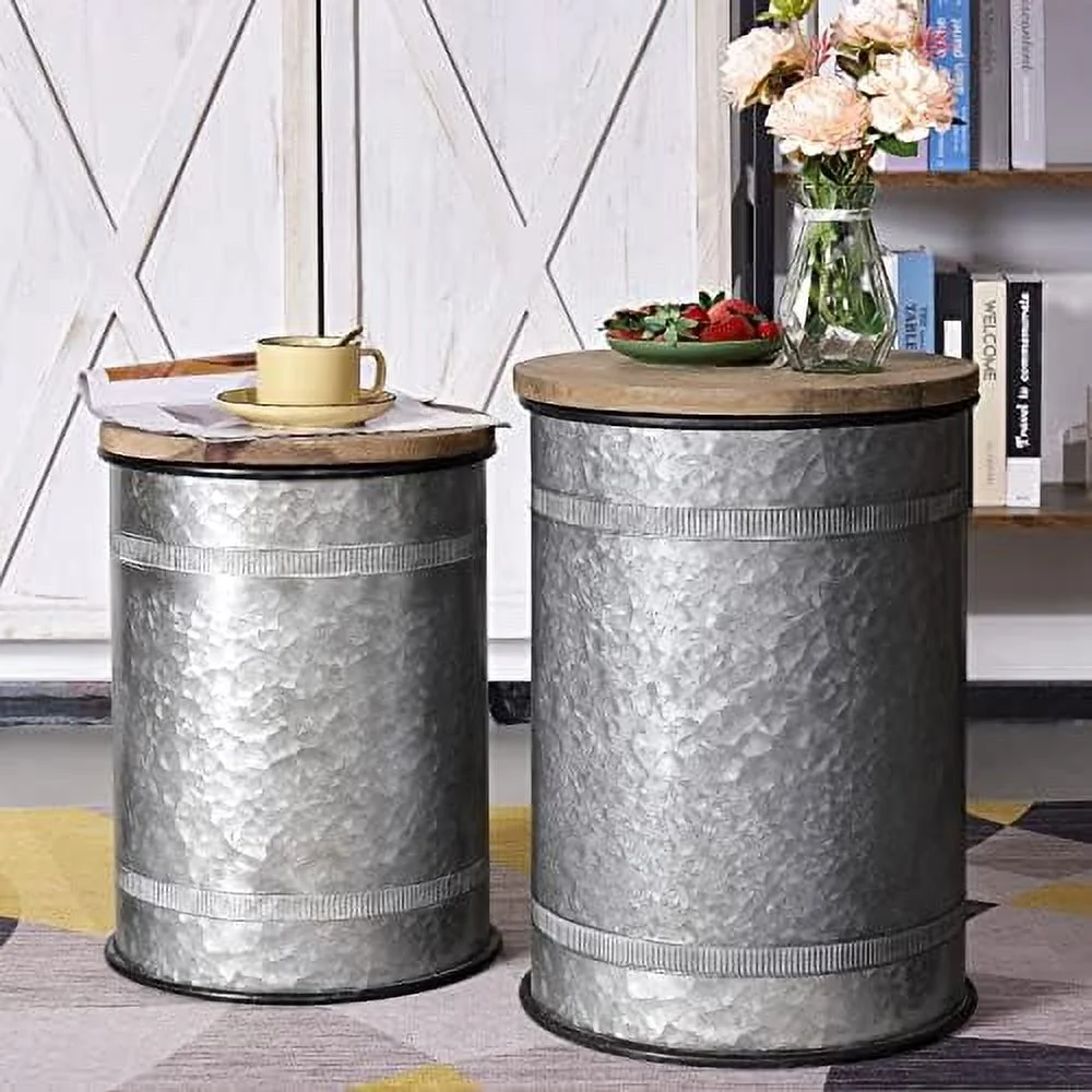 TJCGDTY Farmhouse Decor End  Rustic Galvanized Side Coffee   Barrels with Wooden Lids Rustic Ottoman Seat Nesting Pieces 2 (Vertical Pattern)