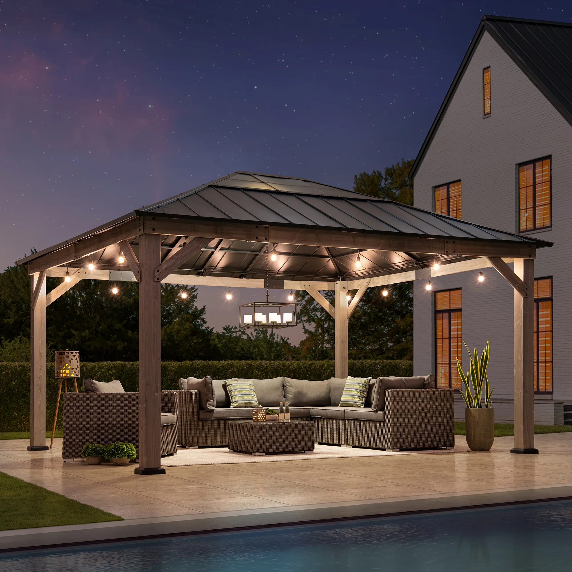 Sunjoy 13 ft. x 15 ft. Cedar Framed Gazebo with Black Steel and Polycarbonate Hip Roof Hardtop