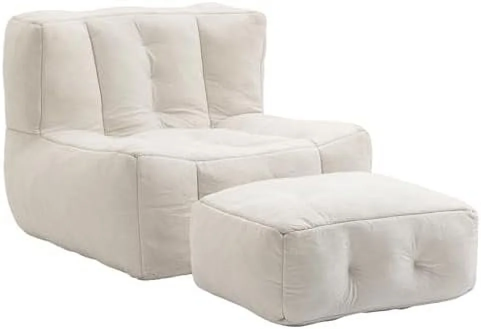 TJCGDTY Microfiber Upholstered Bean Bag Sofa  Stuffed Bean Bag Couch with Footstool  Button Tufted Lazy Sofa  Memory Foam Stuffed Accent Sofa Chair for Living Room  Bedroom (Black)