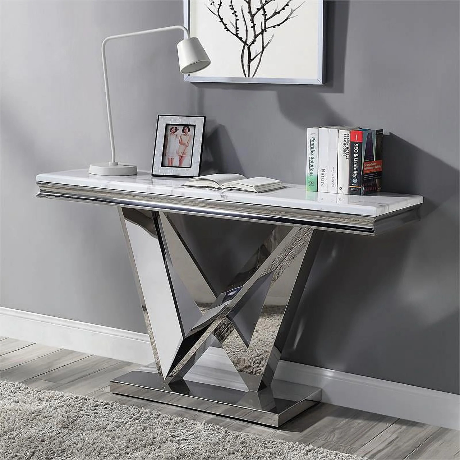 Furniture of America Mersa Glam Metal Pedestal Console Table in Chrome