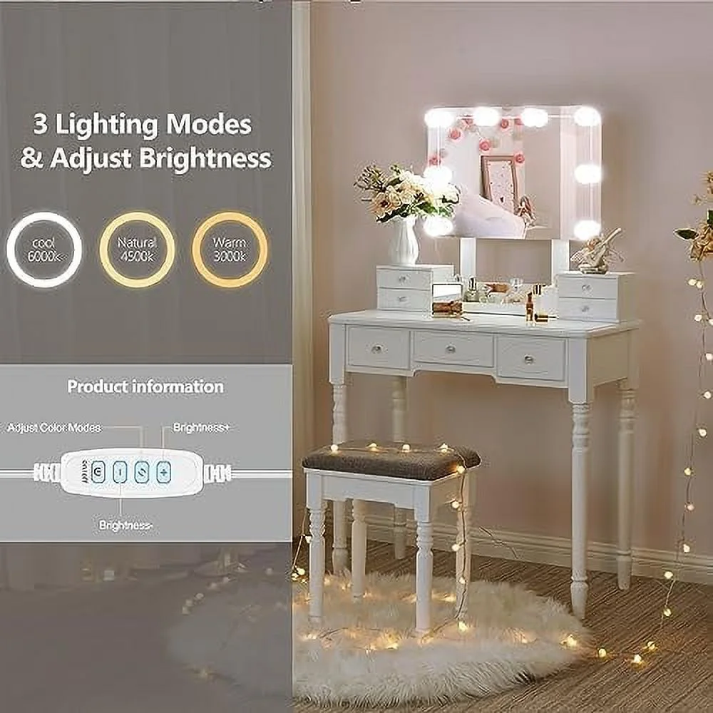 ZFGSUIJN Vanity Desk Vanity Set with Lighted Mirror  Vanity Desk Table Set Large 8 LED Bulbs Frameless Mirror 3 Colors Modes Dimming Cushioned Stool 7 Drawers 3 Dividers White UBDT03W