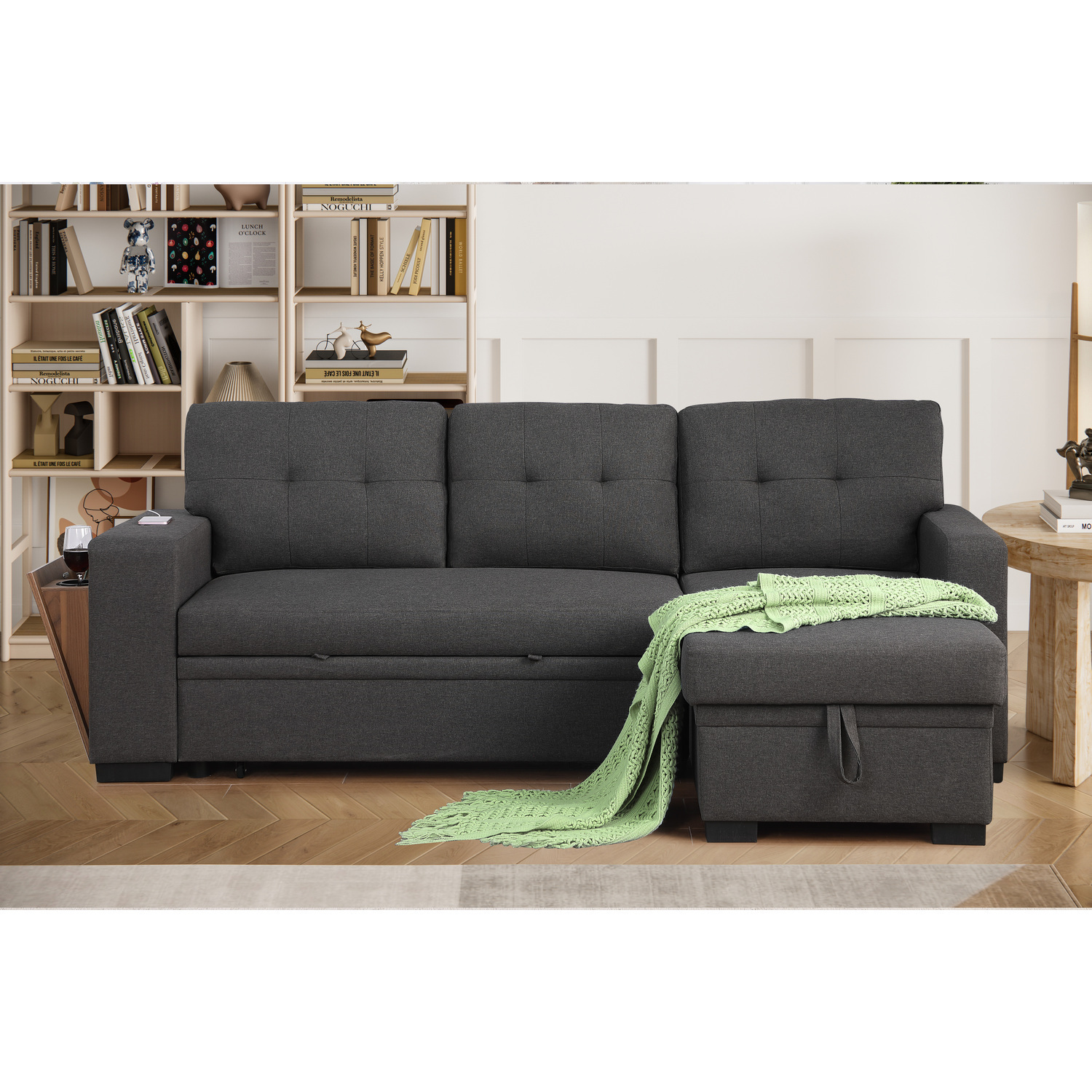 HomeStock Fabric Reversible Modern Side Compartment Sleeper Sectional Sofa Bed-Dark Gray