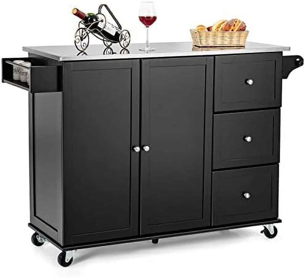 Kitchen Island with Stainless Steel Countertop  Kitchen Cart Rolling Trolley with Towel Holder and Spice Rack  3 Drawers  Adjustable Shelves  2-Door Cabinet  Ample  Table (White)