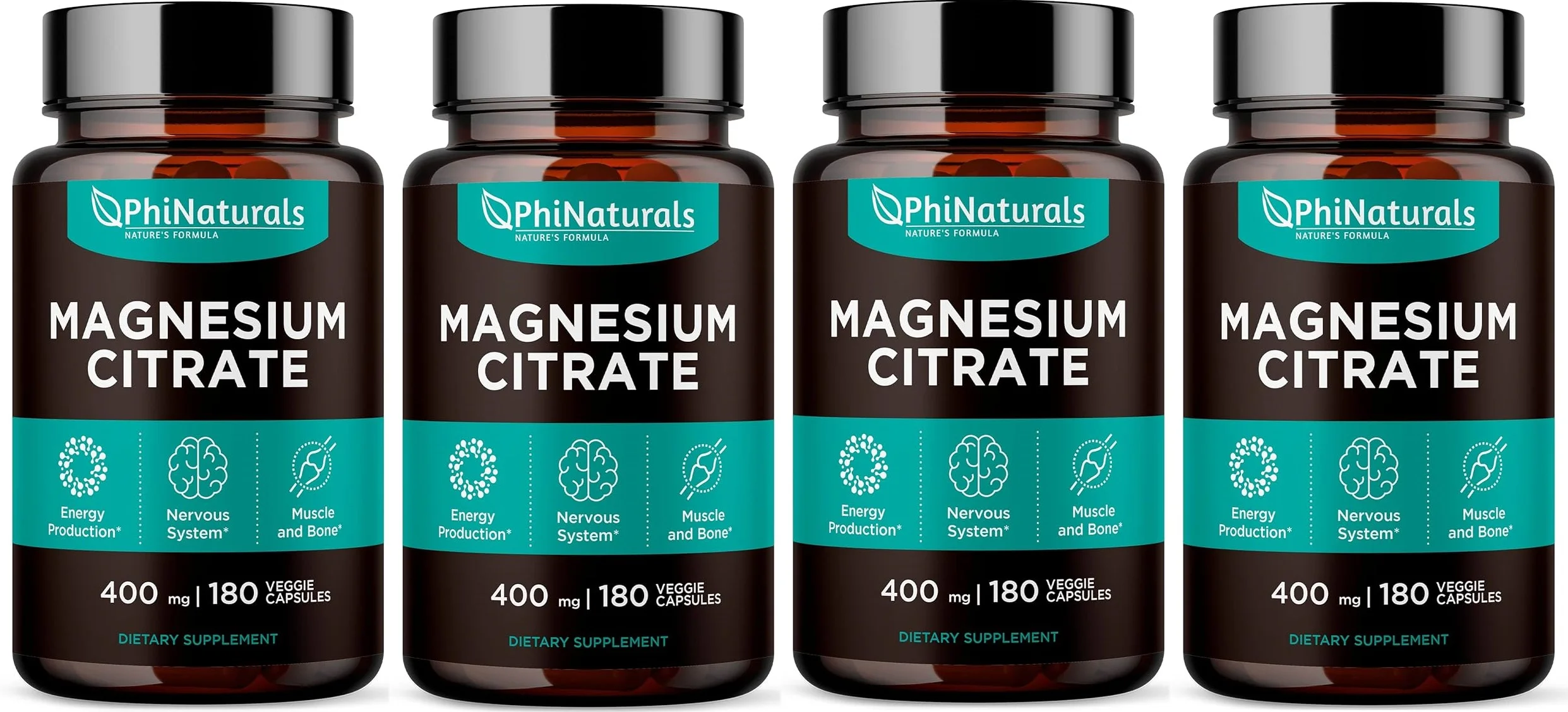 Magnesium Citrate Powder Capsules 400mg Supplement (Pack of 4) by Phi Naturals