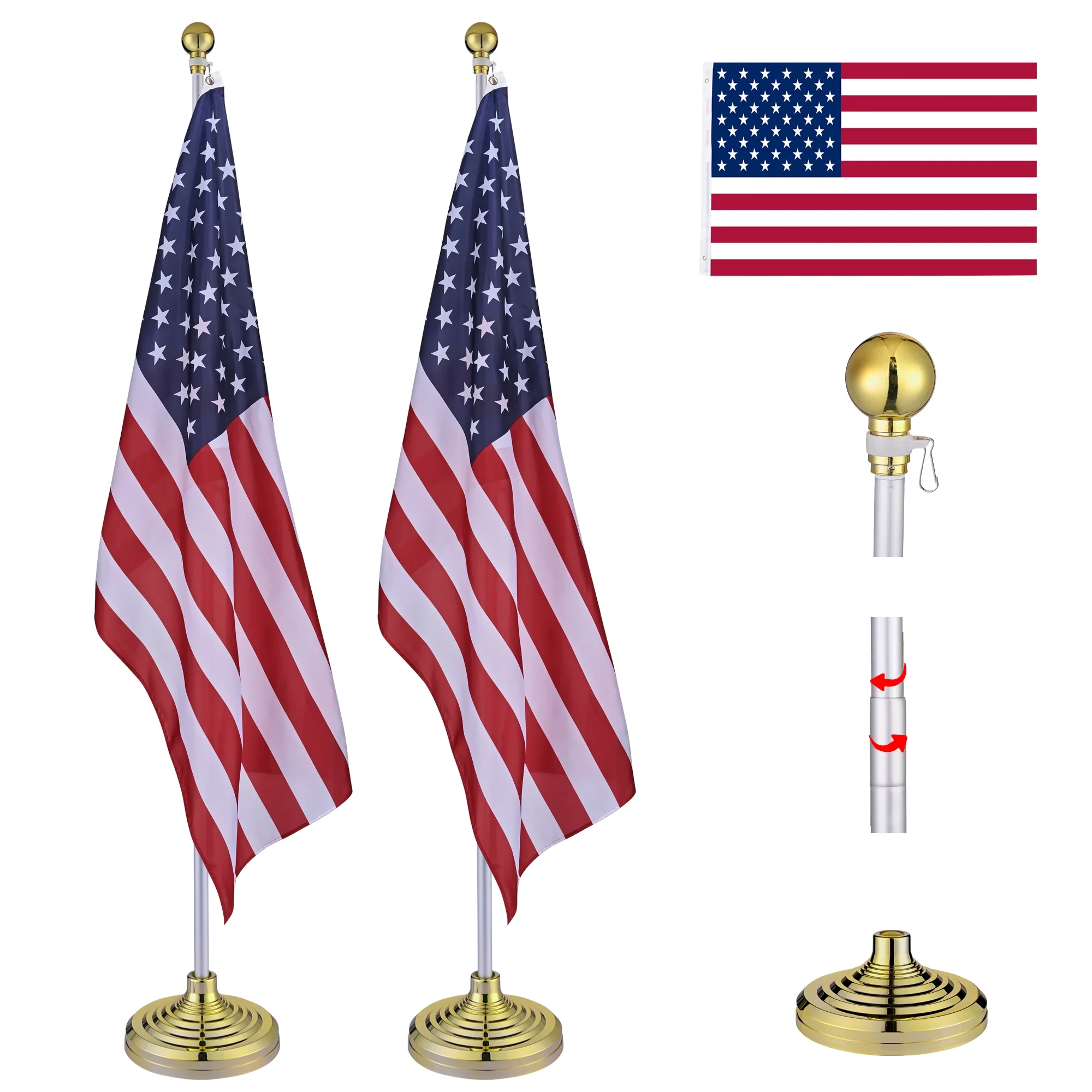 Yescom 8FT Telescoping Indoor Flag Pole Kit Aluminum Sliver Pole Ball Topper with 3x5Ft US Flag & Base Stand 2 Pack
