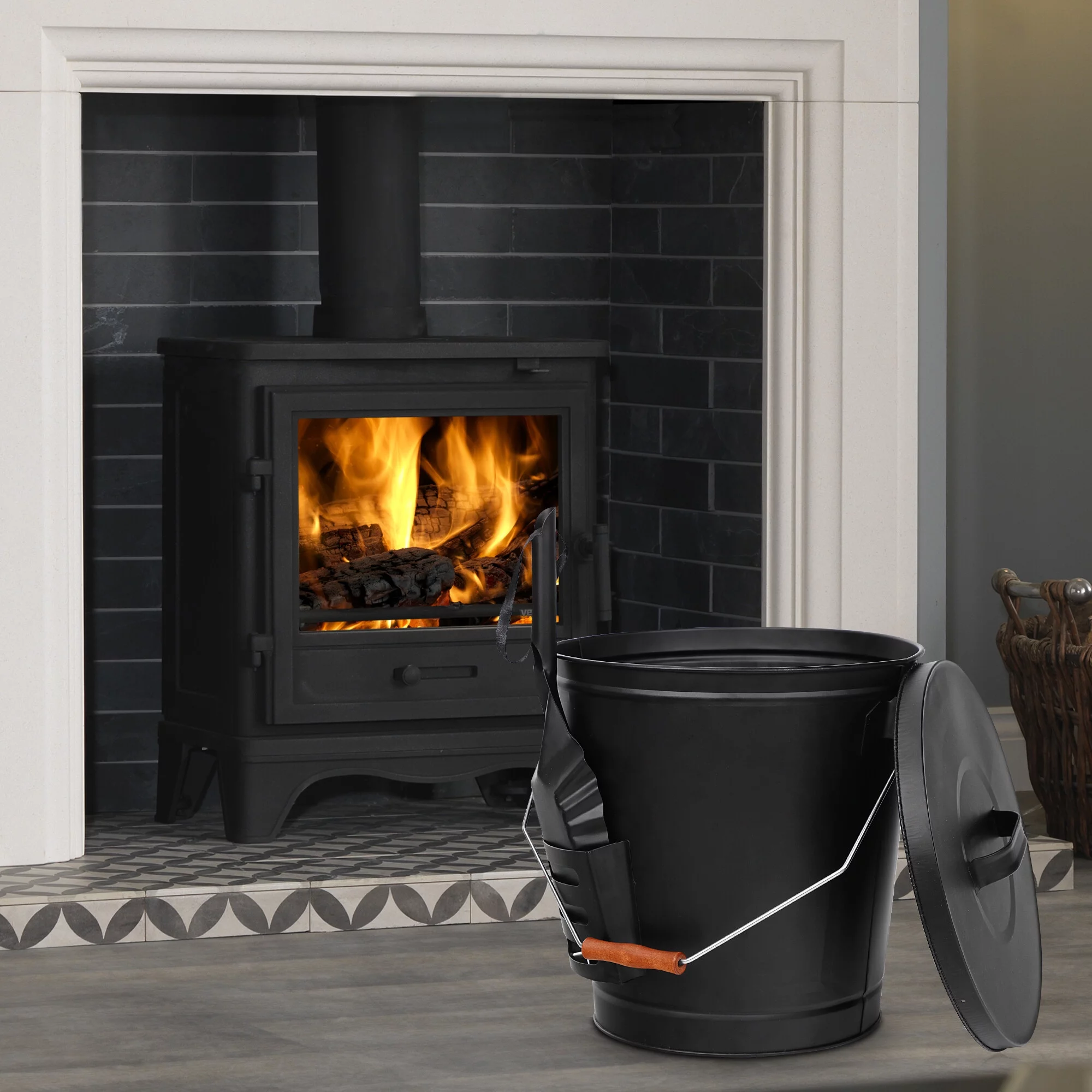 ZenSports 5.15Gal Large Fireplace Ash Bucket W/ Lid & Coal Shovel, Black