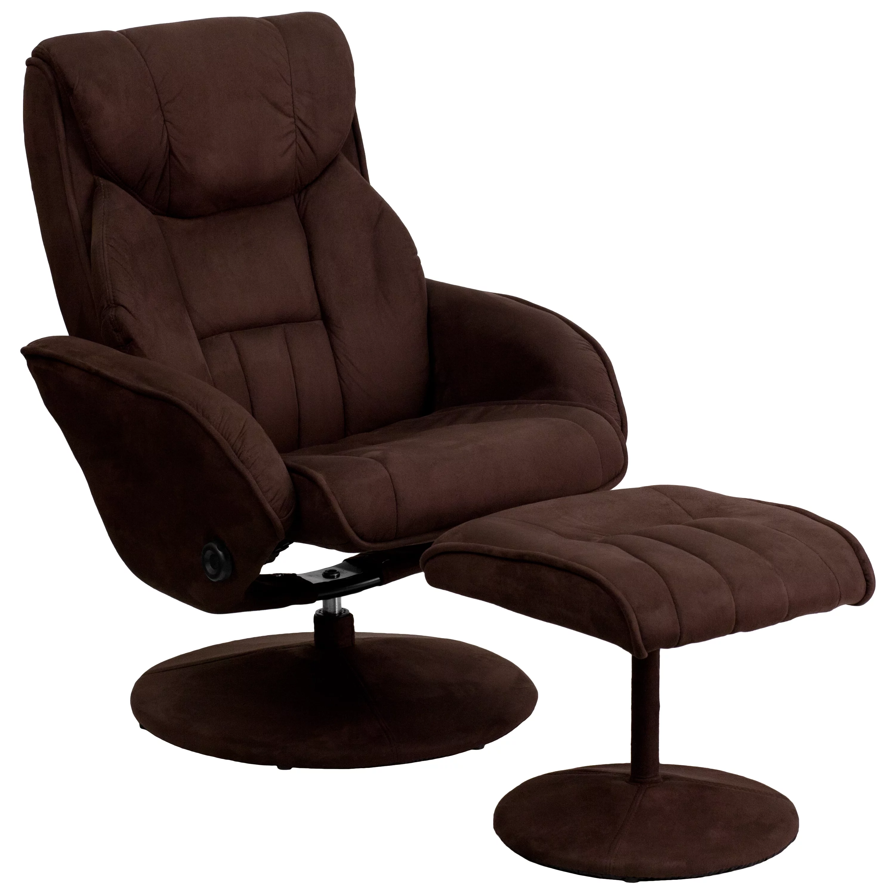 BizChair Contemporary Multi-Position Recliner and Ottoman with Circular Wrapped Base in Brown Microfiber