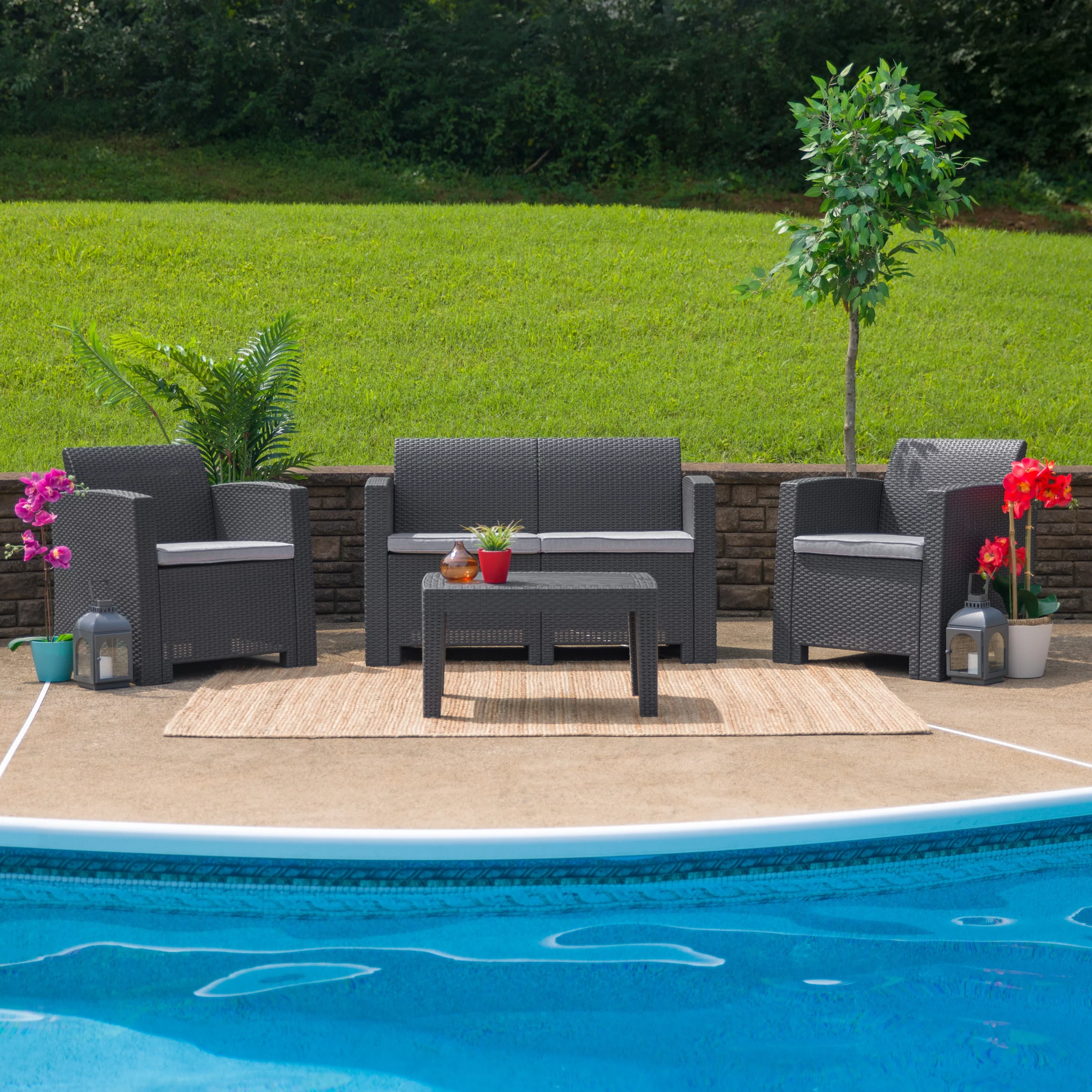 Flash Furniture 4 Piece Outdoor Faux Rattan Chair, Loveseat and Table Set Dark Grey