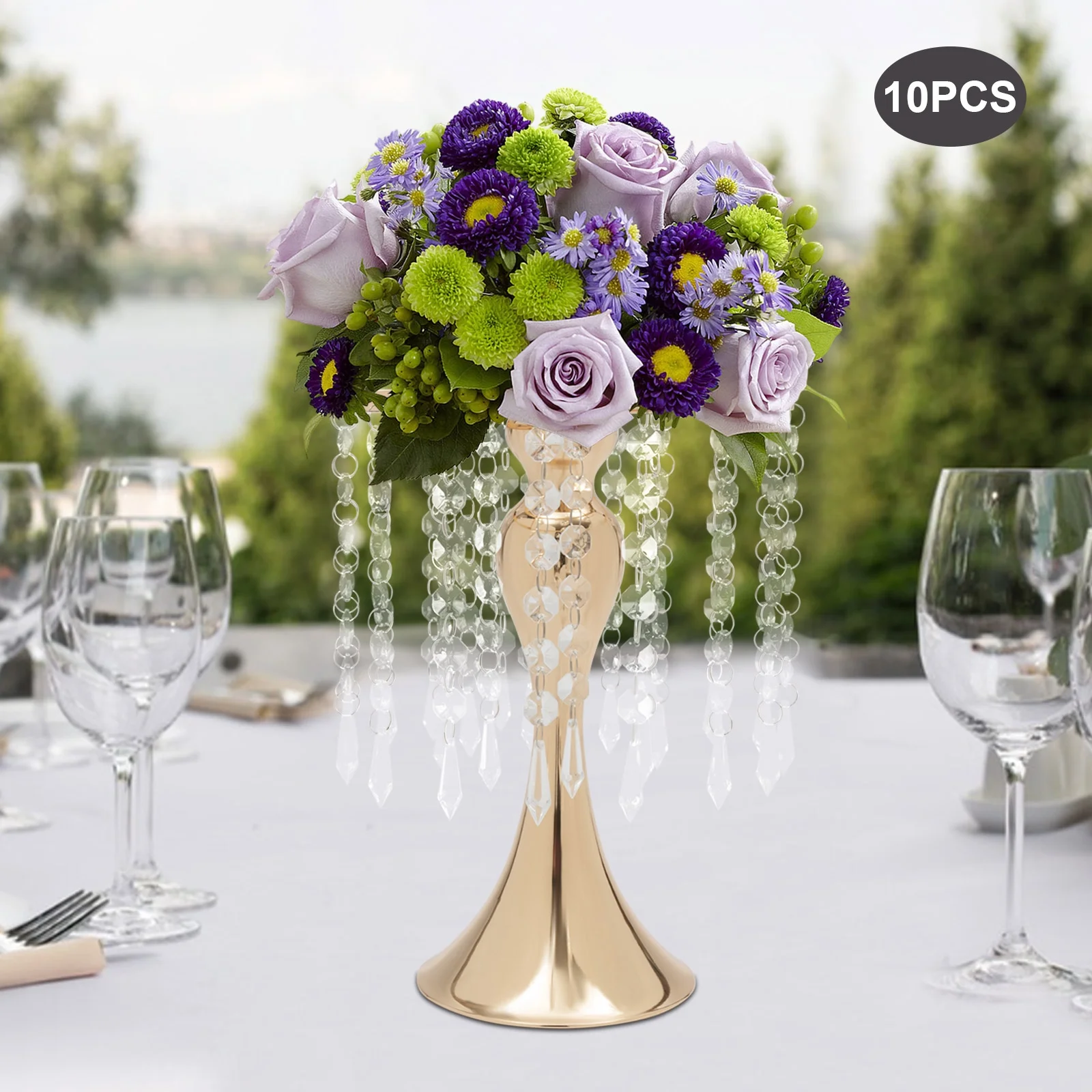 YIYIBYUS 10Pcs Metal Flower Vases Wedding Centerpieces Flower Stand Holder for Tables Decorations (10.2 Inch , Gold)