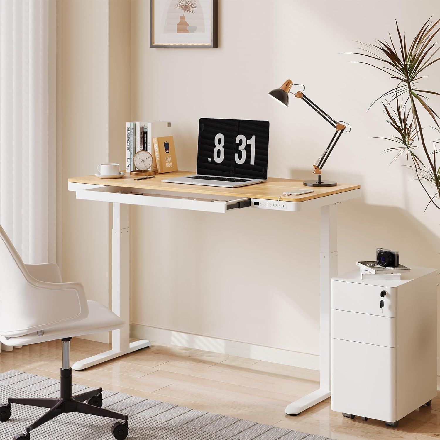 YiSHOP Comhar Electric Standing Desk with Drawers Charging USB Port, Height Adjustable 48