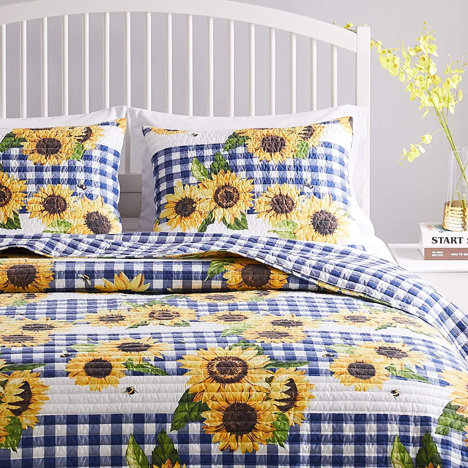 Barefoot Bungalow Sunflower Reversible Quilted Pillow Sham - 1 Count - Standard Size 20 W x 26 L inches