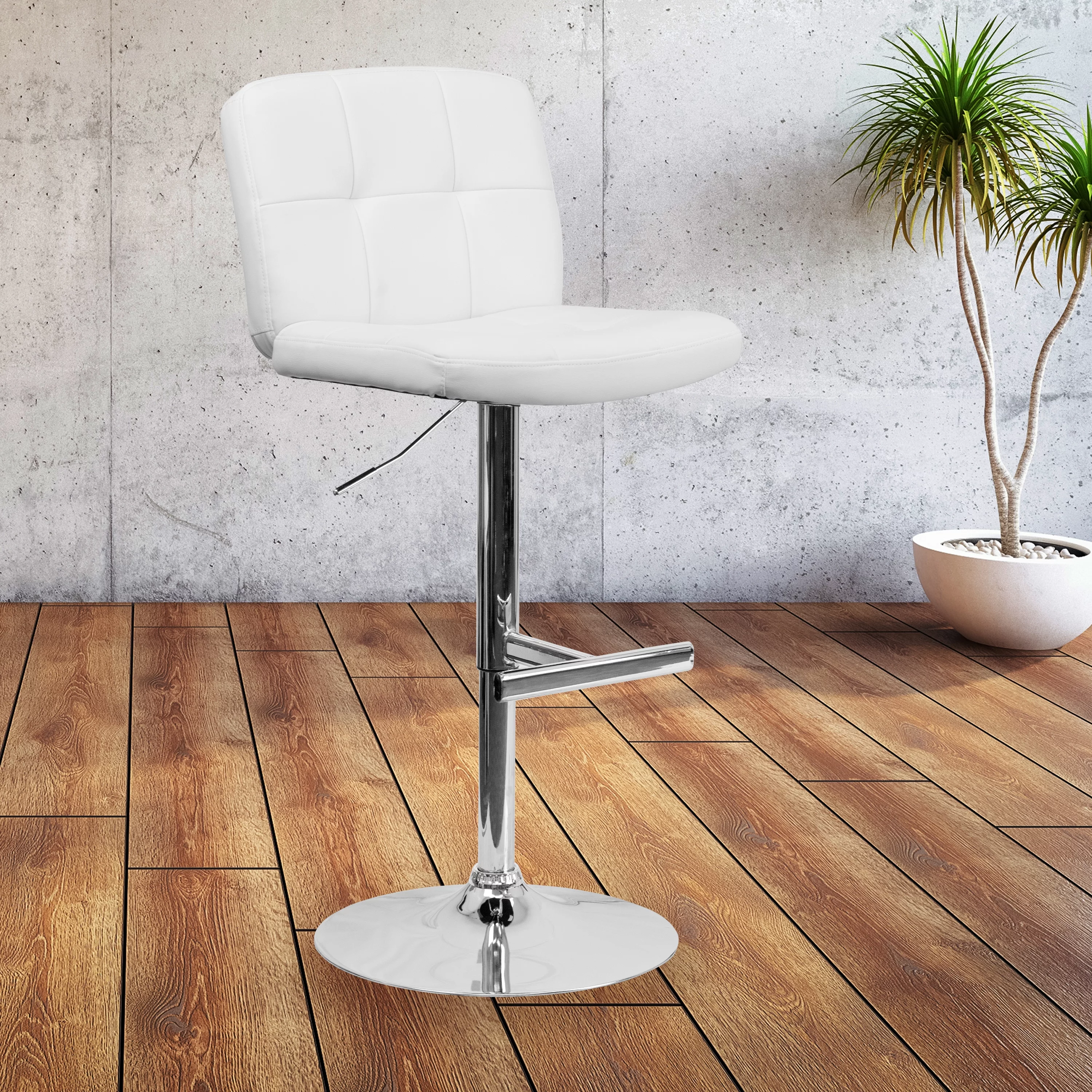 Flash Furniture Contemporary White Vinyl Adjustable Height Barstool with Square Tufted Back and Chrome Base
