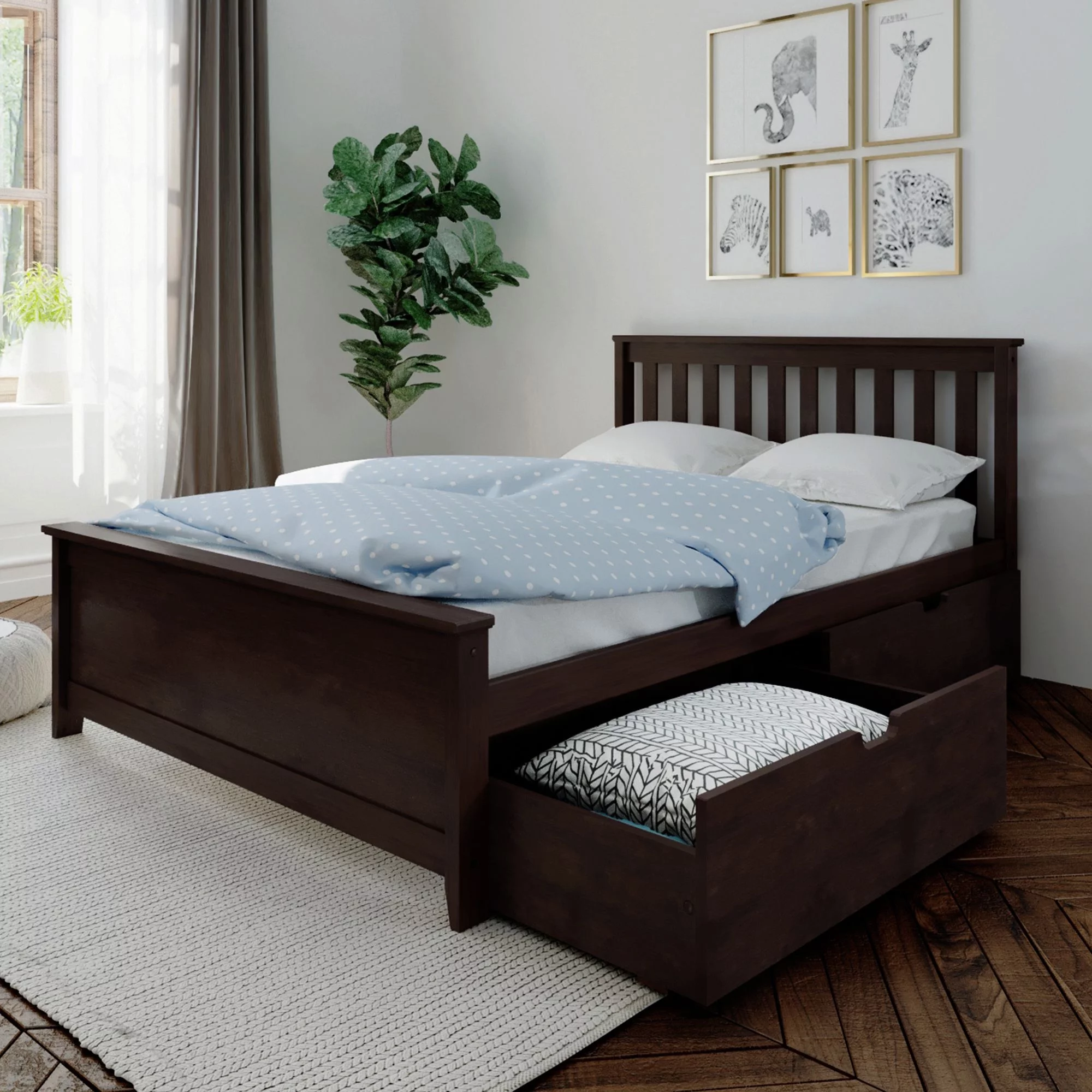 Max & Lily Full Size Bed Frame with Storage Drawers, Solid Wood Platform Bed for Kids, Espresso