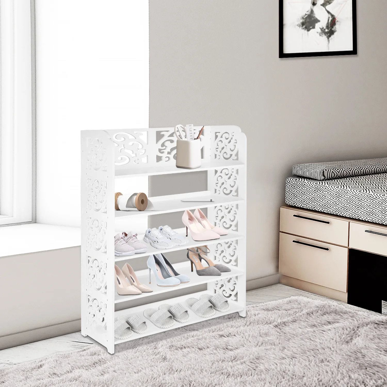 Versatile 5-Tier Wood-Plastic Shoe Rack Shoes Tower 15 of pairs of shoe White Finish