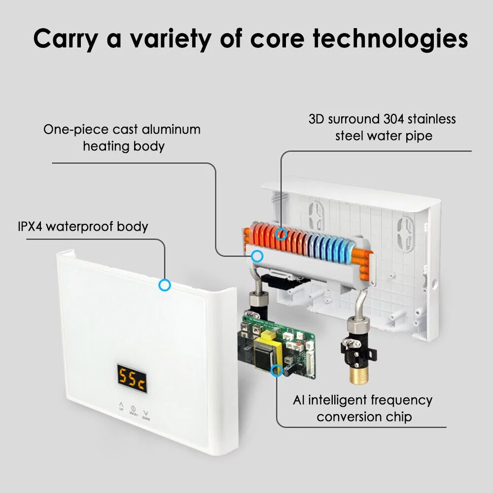 Mini Electric Tankless Water Heater 3000W 110V Constant Temperature Instant Hot Water Heater with Remote Control Digital Display On Demand Hot Water Heater-White