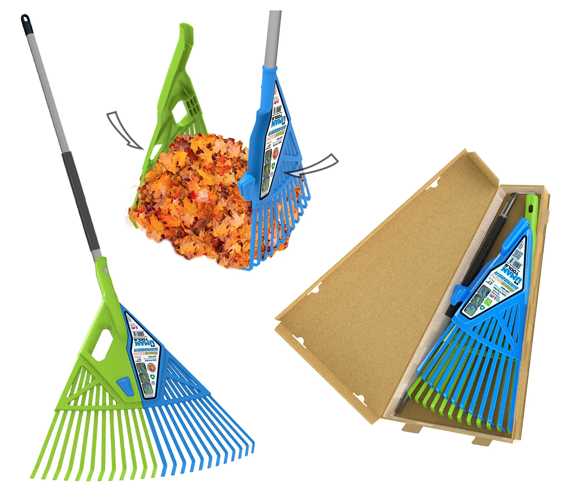 3 in 1 Leaf /Lawn Rake & Grabber with Telescopic Metal Handle