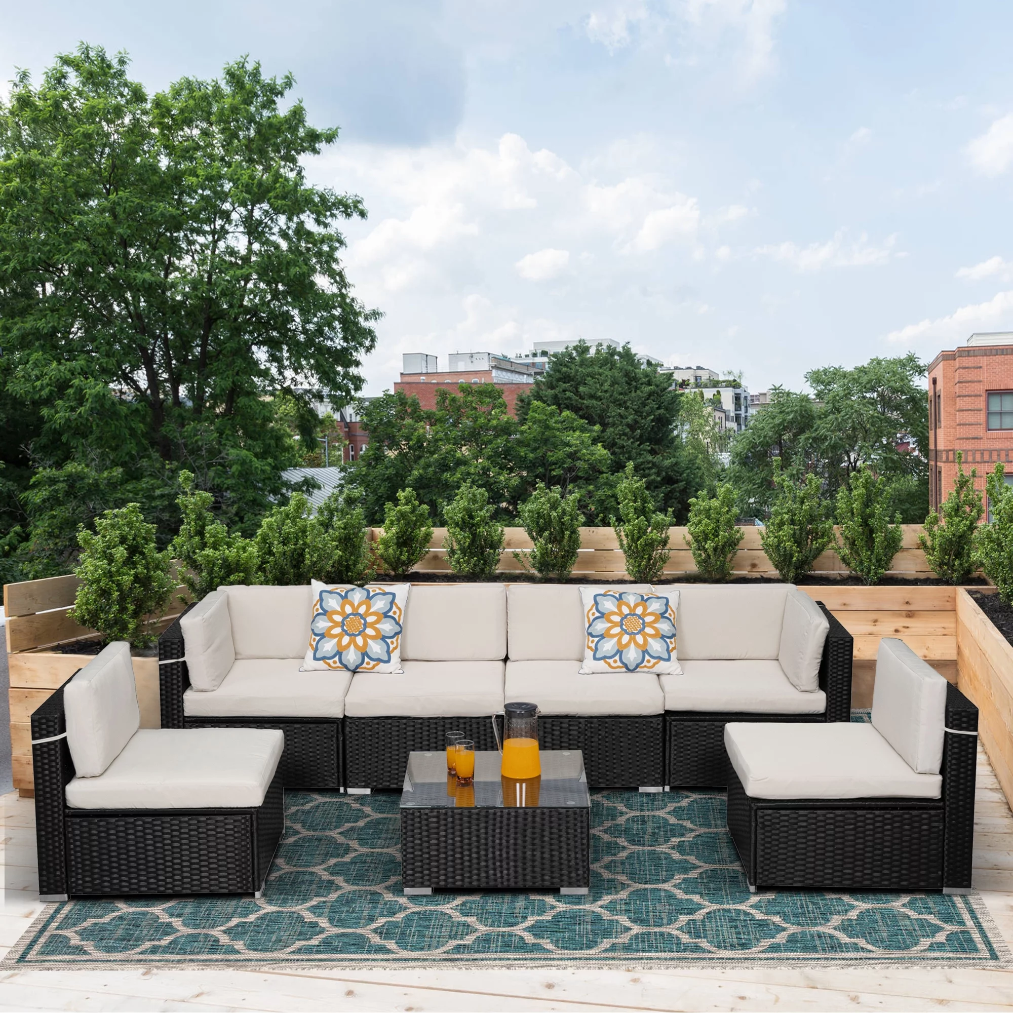 Cozyhom 7 Piece Outdoor Patio Furniture Set, PE Rattan Wicker Sectional Sofa Set with Coffee Table, Beige