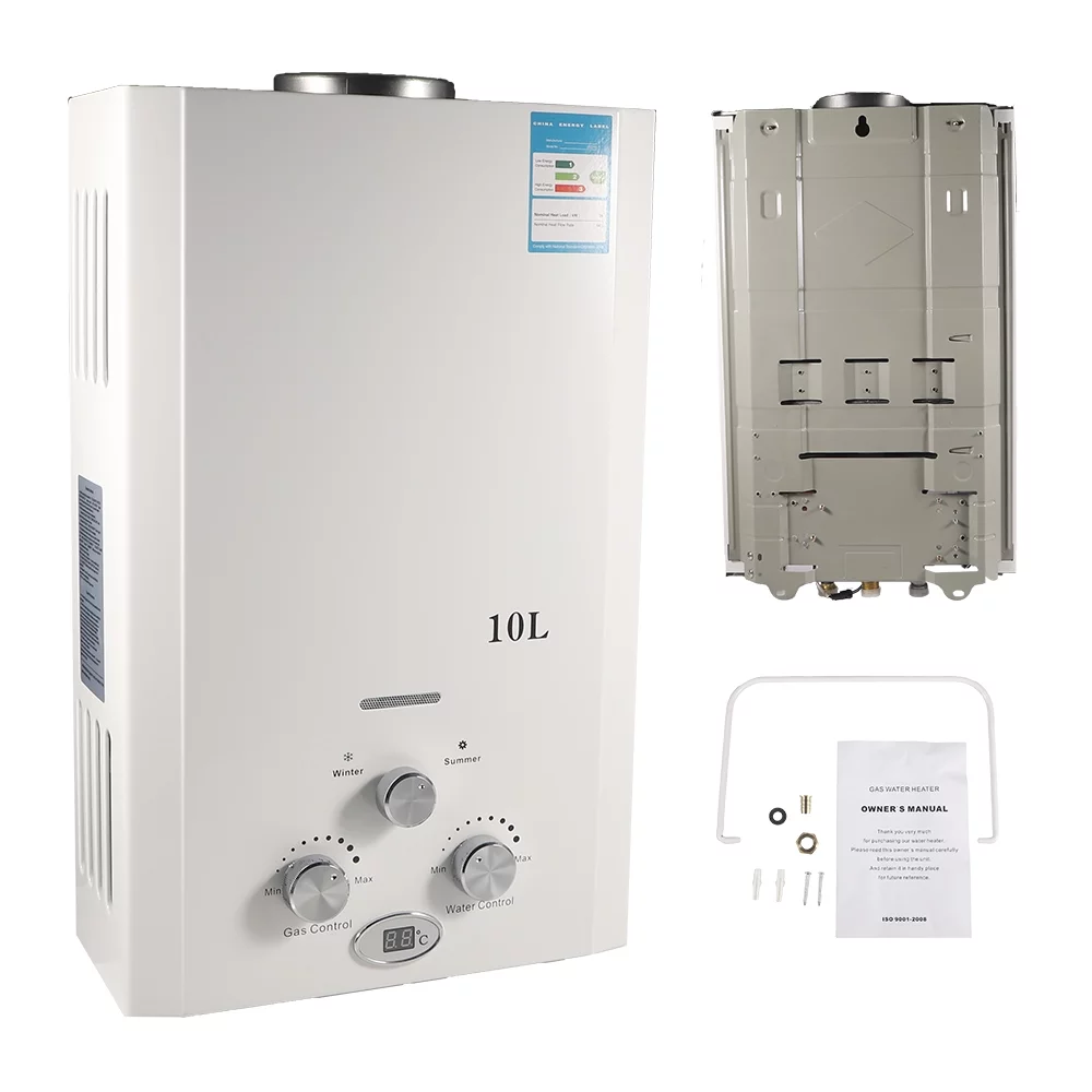 KingFurt 10L Natural Gas Water Heater White Coating Front Panel & Gray Bottom 20KW Rated Power With Temperature Display