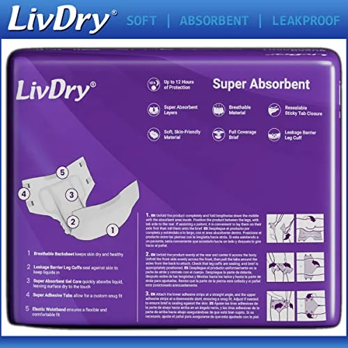 LivDry MegaBriefs XL Adult Diapers with Tabs, Max 12-Hour Capacity, Super Absorbent Incontinence Underwear, Leak Protection Briefs, Extra Large, 16-Pack