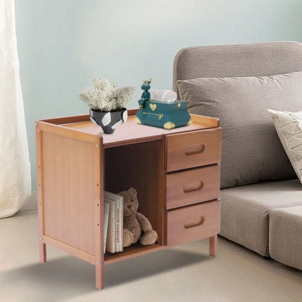 Bamboo Nightstand with 3 Drawers+Cabinet Large Capacity Bedside Table 42*30*40cm