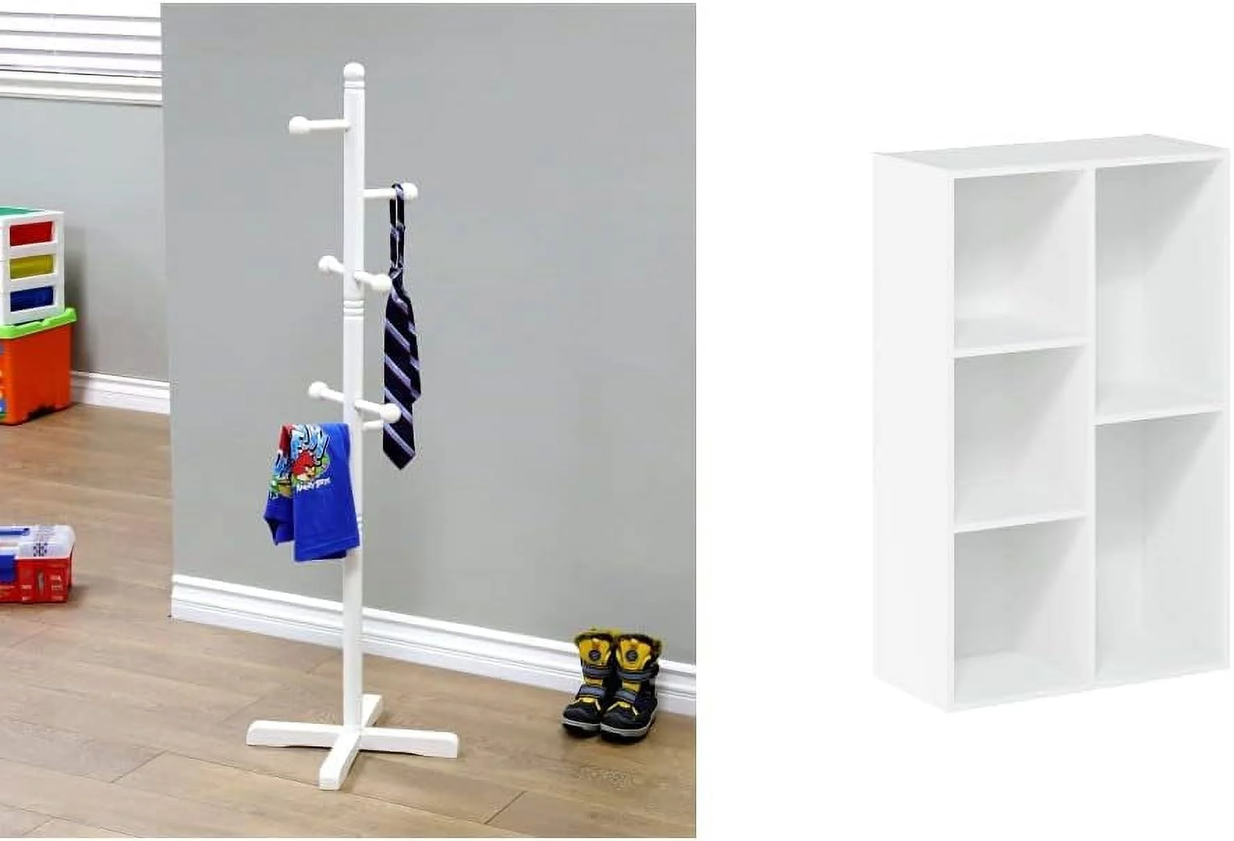 Frenchi Home Furnishing Freestanding Kid's Coat Rack & Furinno Luder Bookcase/Book/Storage, 5-Cube, White