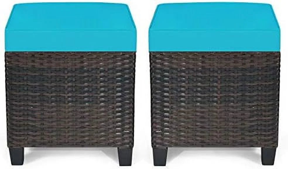 MQLIFEBOOM 2 Pieces Patio   Outdoor Footstool Footrest Seat  All Weather Rattan Patio Ottoman Set w/Removable Cushions (Turquoise)