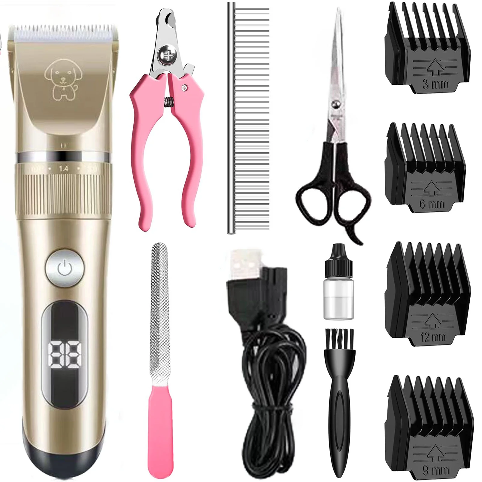 Dog Grooming Kit Clippers Low Noise Electric Quiet Rechargeable Cordless Suitable for Dogs, Cats, and Other Pets (Gold)