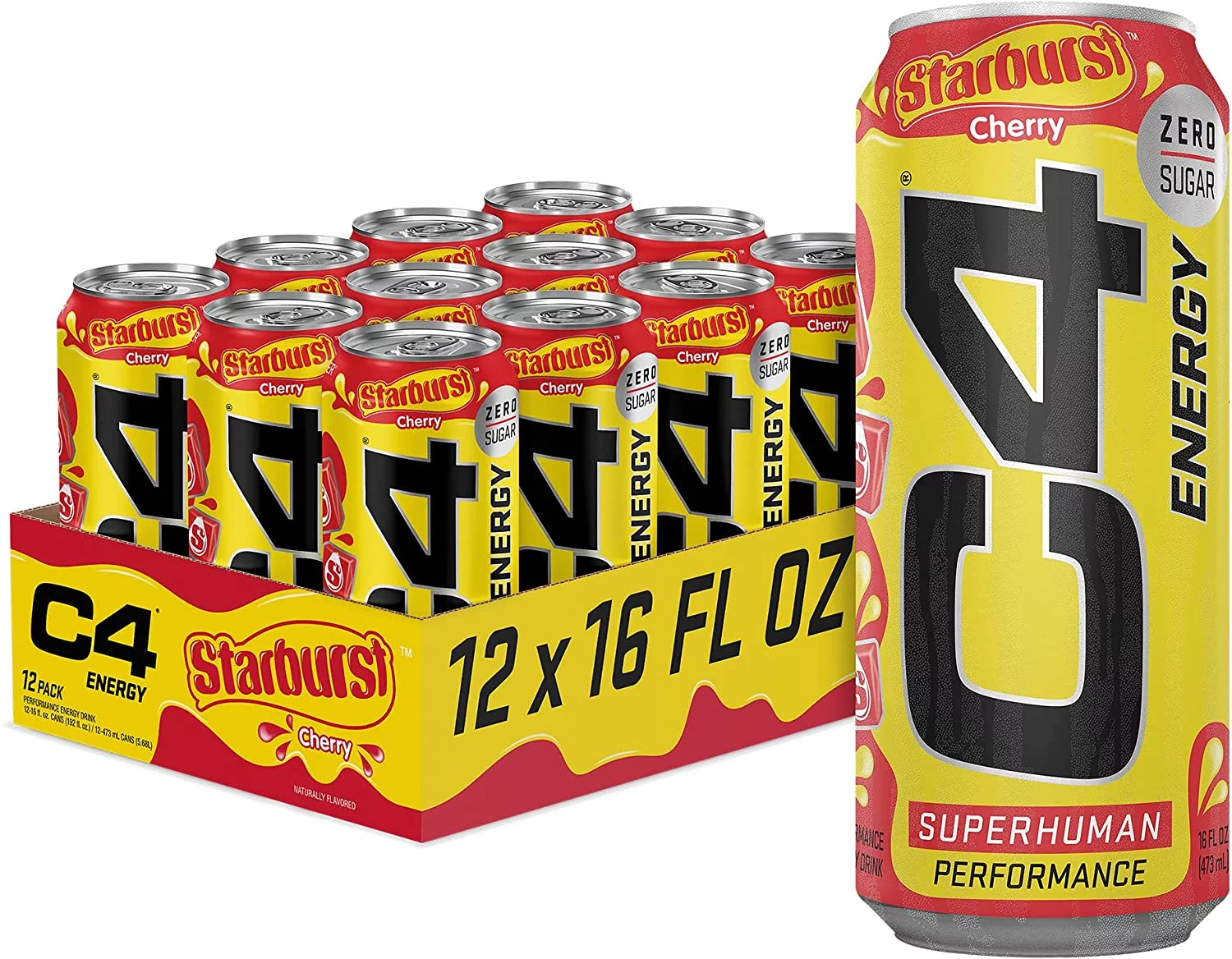 Cellucor C4 Energy Drink, Starburst Cherry, Carbonated Sugar Free Pre Workout Performance Drink with no Artificial Colors or Dyes, 16 Oz