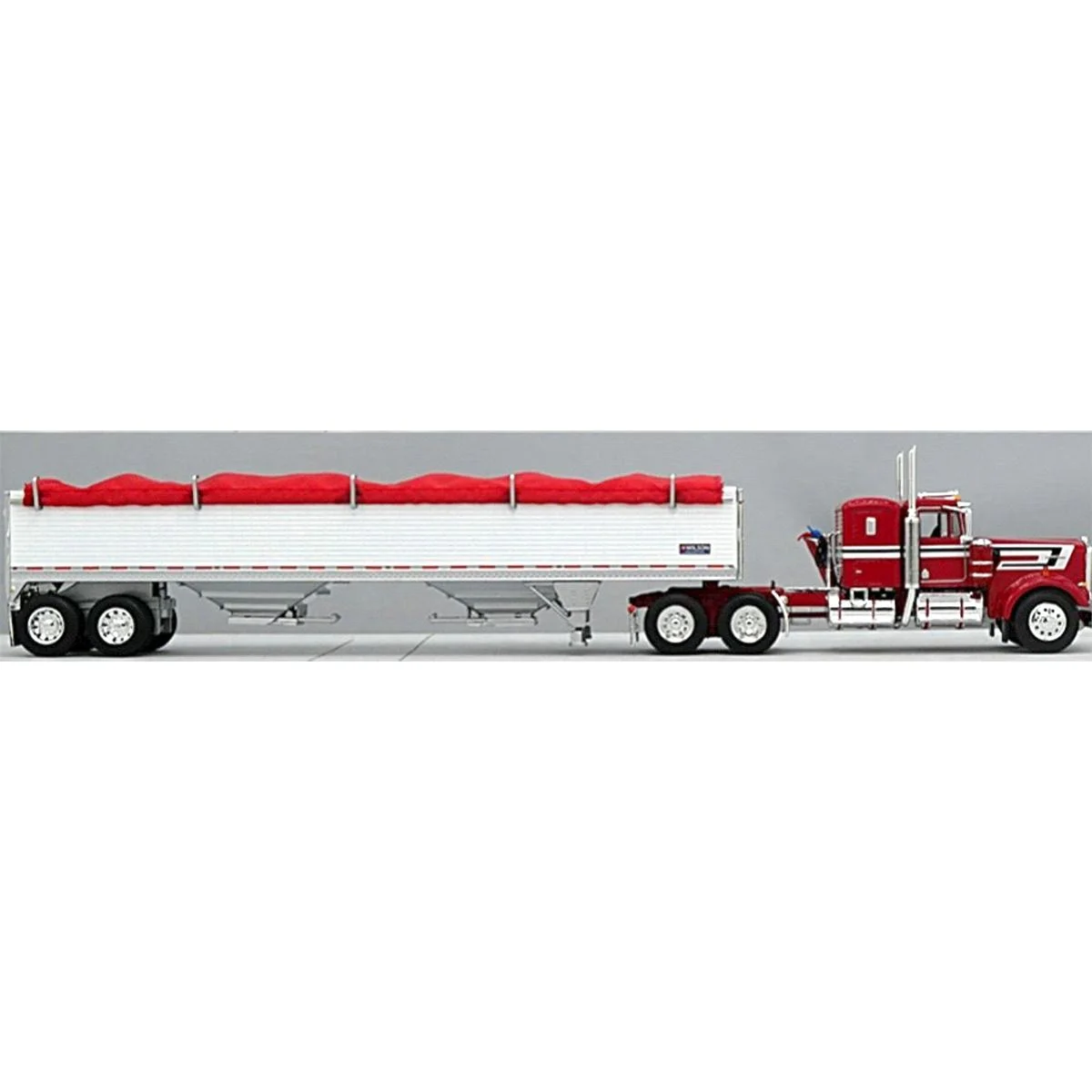 First Gear DCP 1/64 Red Kenworth W900A w/ 36in Sleeper & Wilson Pacesetter White 43ft Low Sided Grain Trailer 60-1583