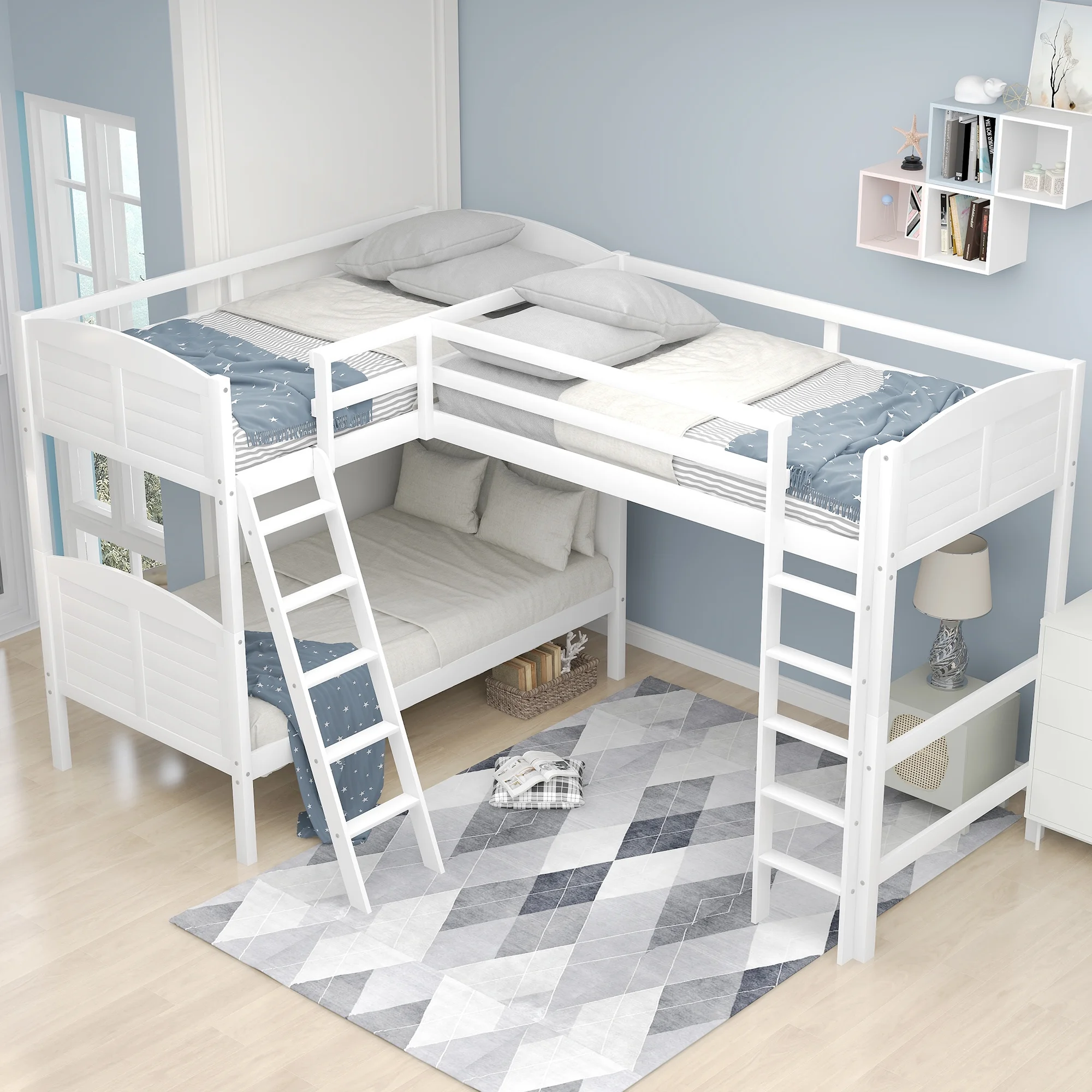 Euroco L-Shaped Twin over Twin Bunk Bed and Twin-Size Loft Bed with Ladders for Kids, White