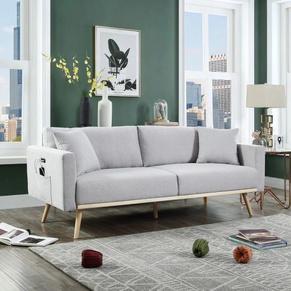 JHOOTUUO Easton 75” Light Gray Linen Fabric Sofa with USB Charging Ports Pockets & Pillows