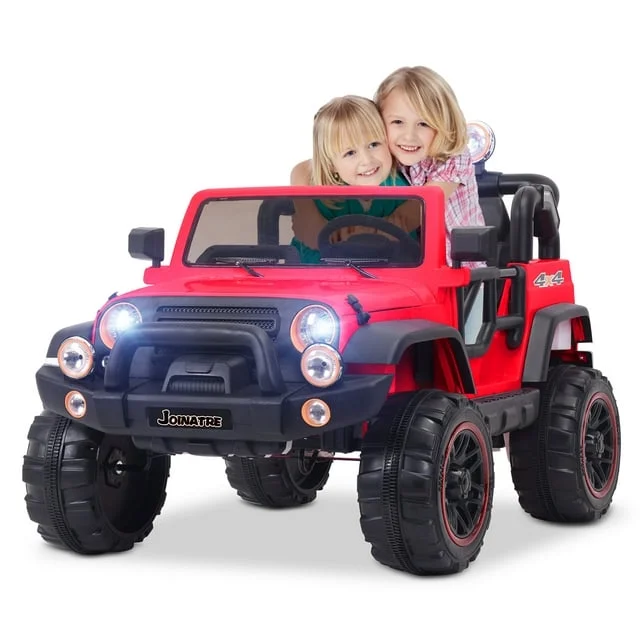 JOINATRE 24V 2 Seater Kids Ride On Truck with Car Cover, 4WD Battery Powered Electric Car with Remote Control, 3 Speed, Soft Braking, LED Lights, Music, Spring Suspension, Red