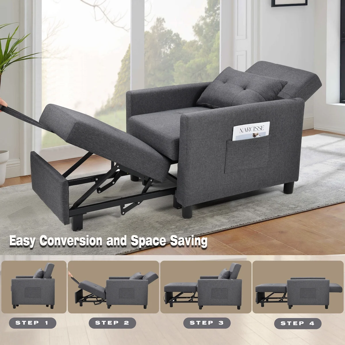 3-in-1 Convertible Futon Sofa Bed with Adjustable Backrest, Pull Out Sleeper, Side Bag & Lumbar Pillow for Living Room