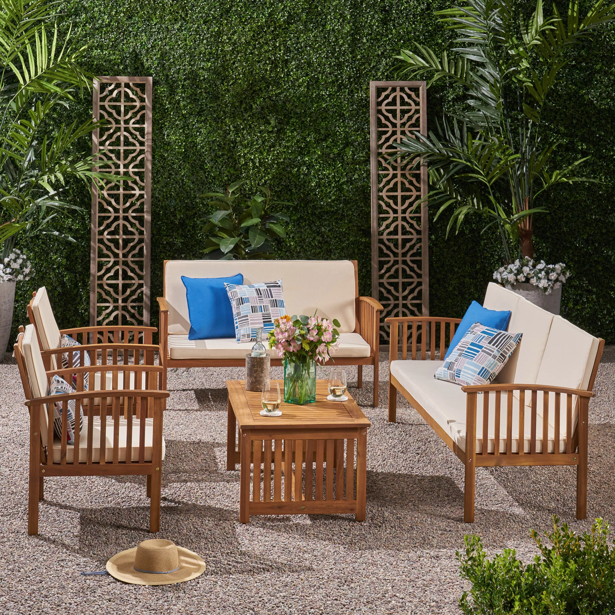 GDF Studio Giles Outdoor 5 Piece Acacia Wood Conversational Set, Teak and Cream