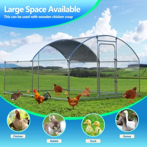 Metal Large Chicken Coop Walk-in Poultry Cage Large Chicken Run Arc Shaped Cage with Waterproof Anti-Ultraviolet Cover, 1.00