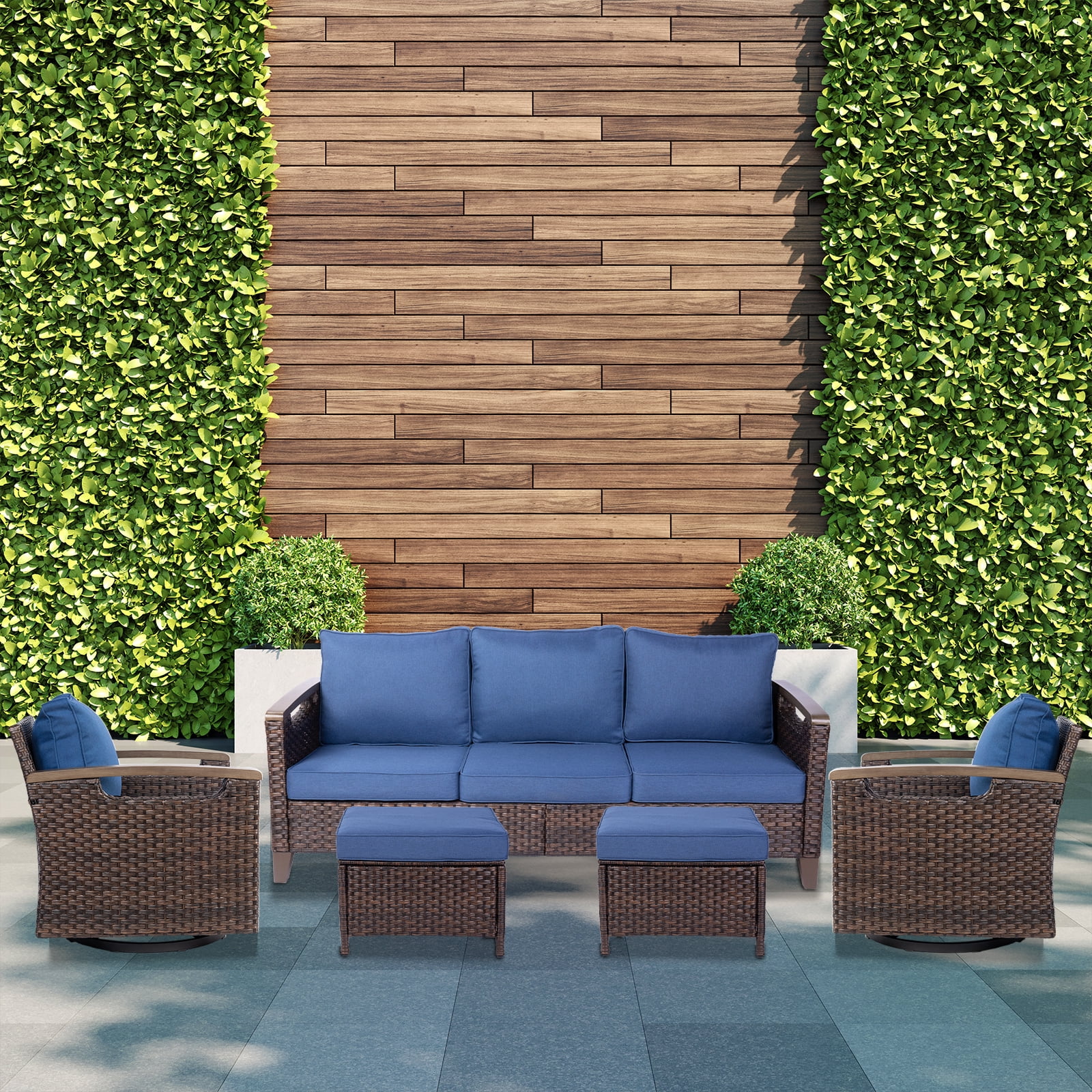 Buenhomino Patio Furniture Swivel Rocker Chair Sets 5 Pieces All-Weather Wicker Outdoor Conversation Set Outside Rattan Sectional Sofa with Ottoman, Navy Cushion for Balcony Backyard